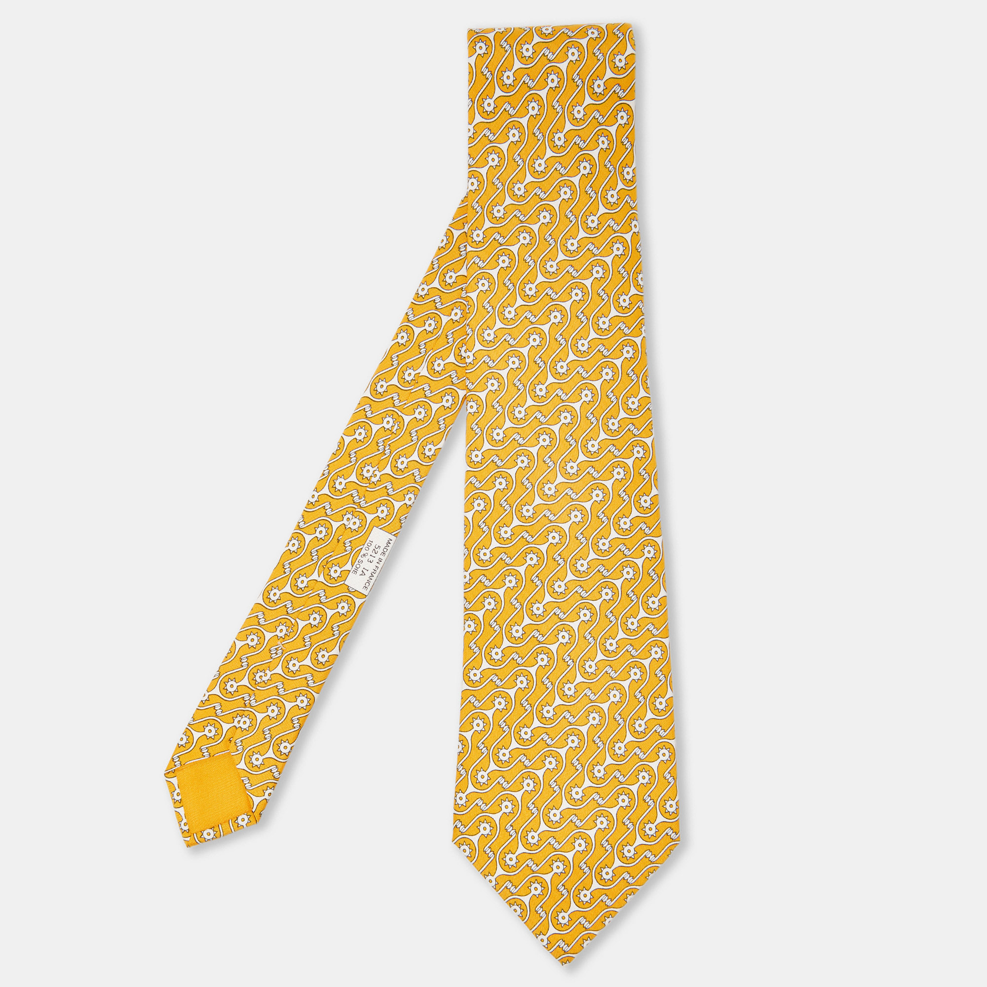Hermes yellow printed silk traditional tie