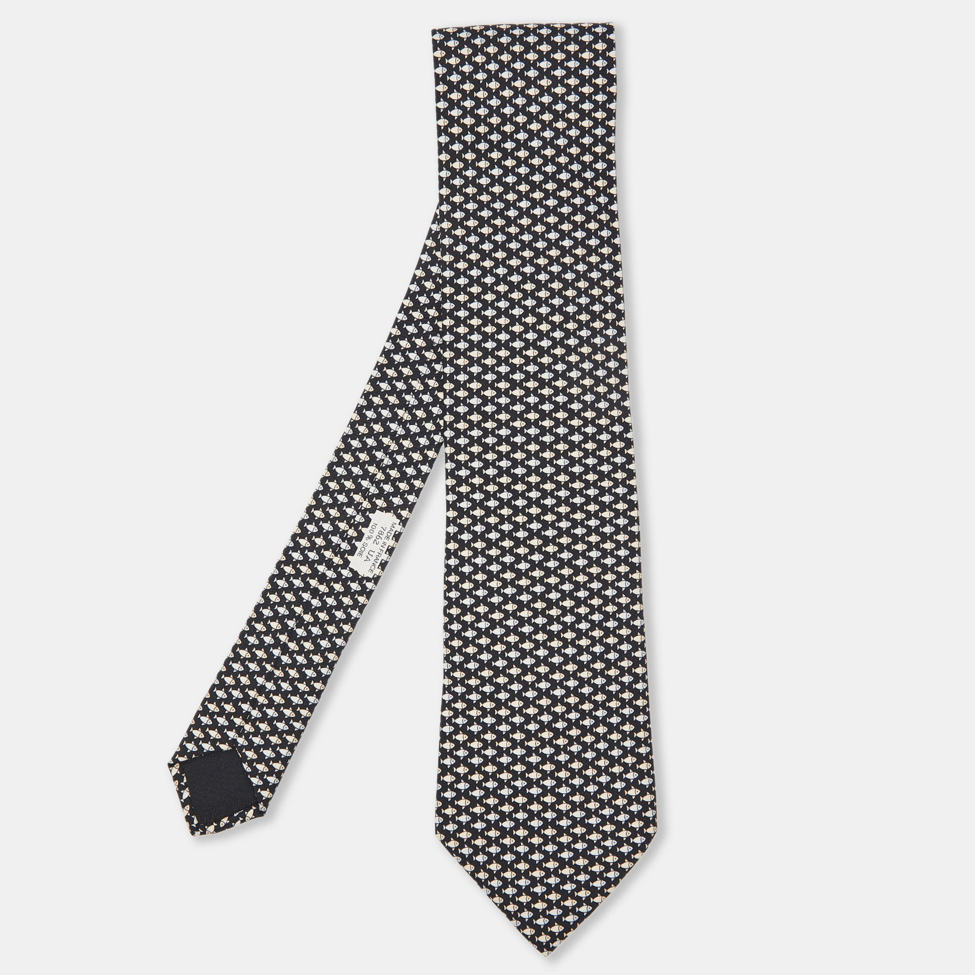Hermes black fish print silk traditional tie