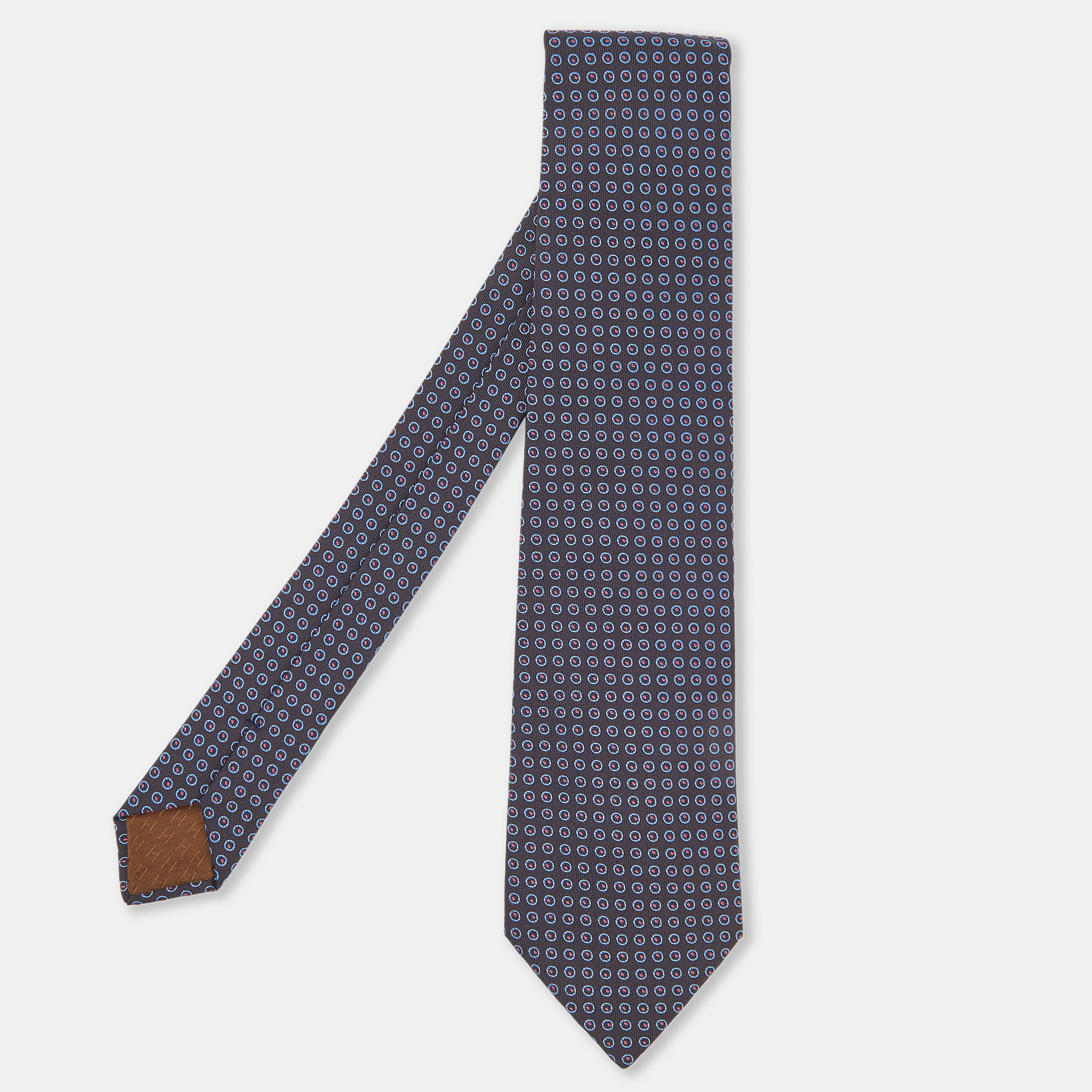 Hermes brown/blue circle pattern silk tie