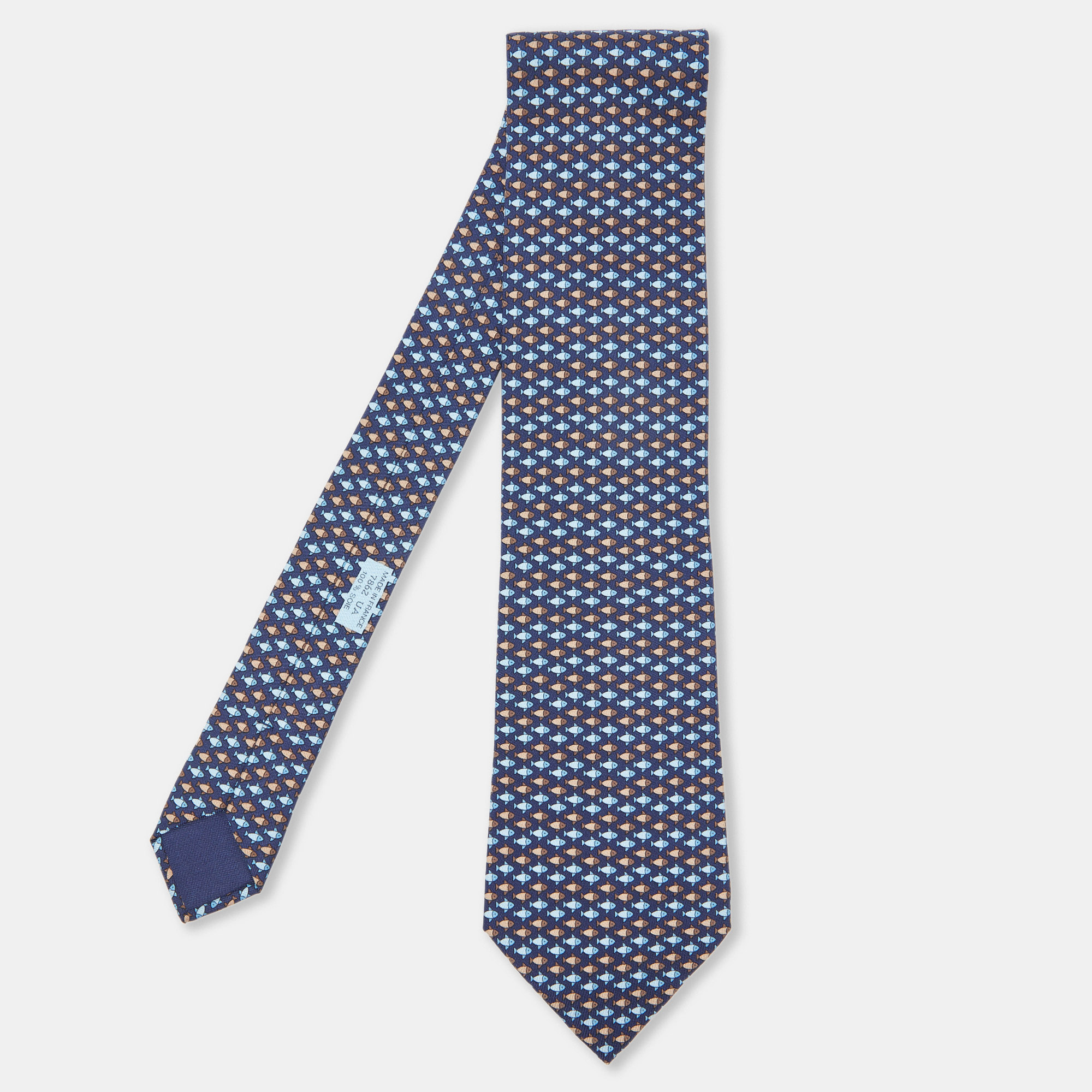Hermes navy blue fish print silk traditional tie