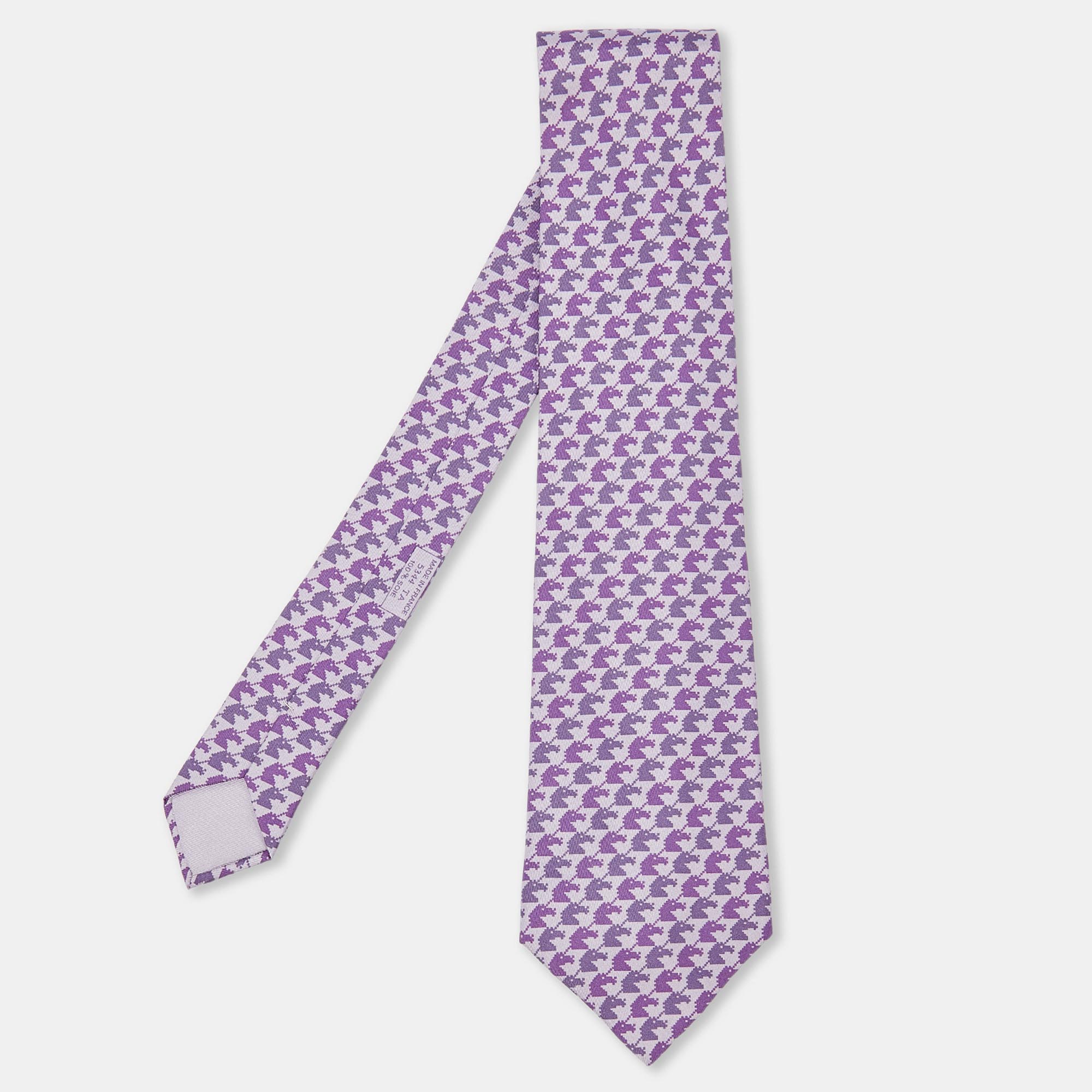 Hermes purple pixel animal print silk traditional tie