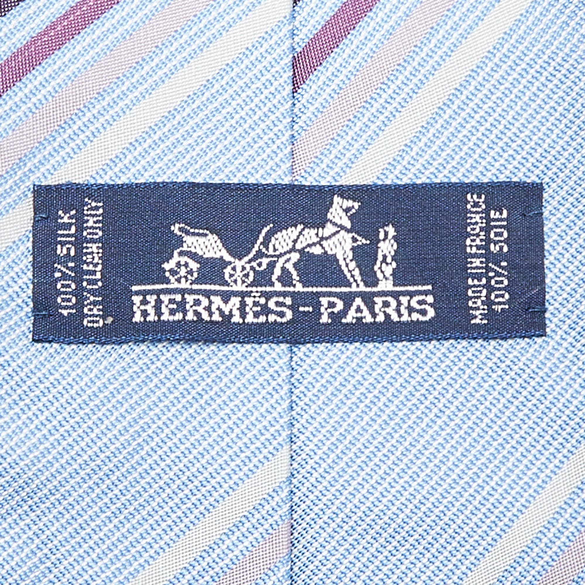 Hermès Blue Diagonal Stripe Pattern Silk Tie