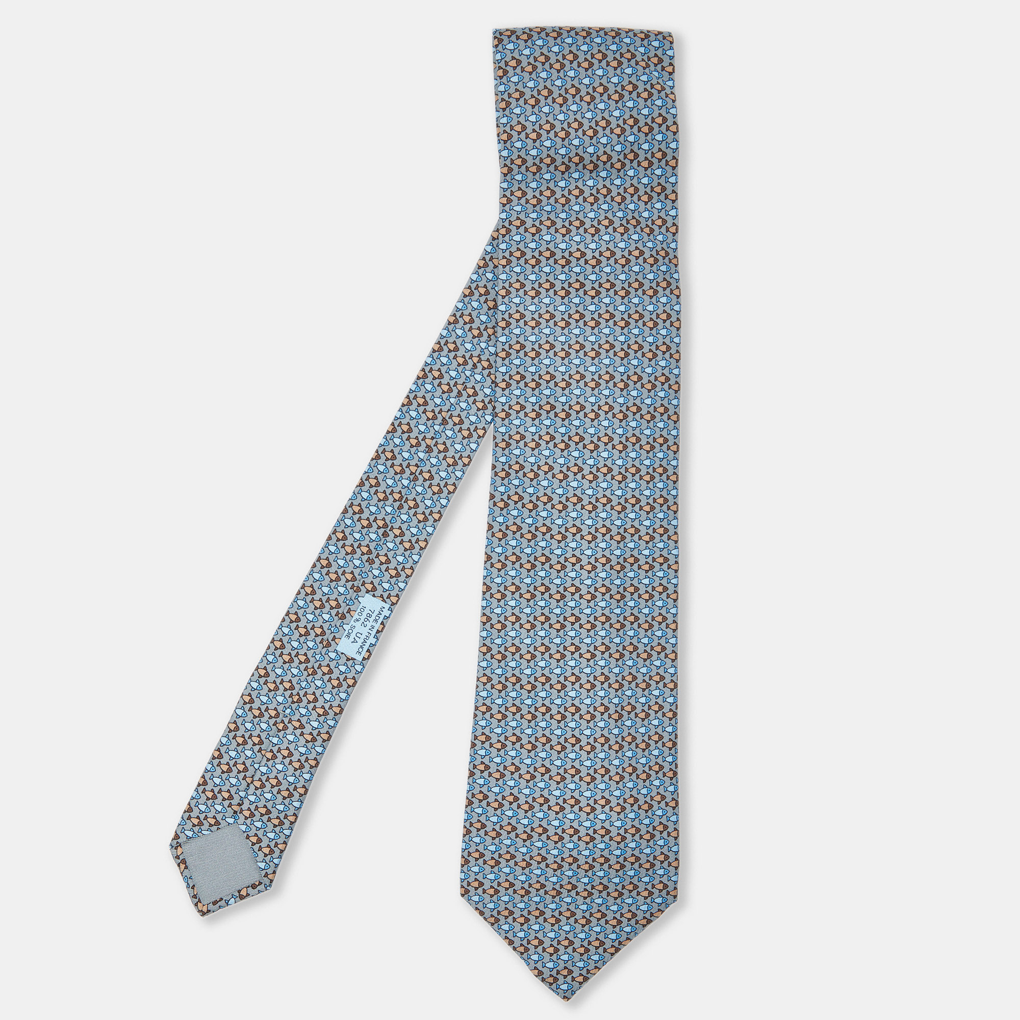 Hermes herm&egrave;s grey fish print silk classic tie