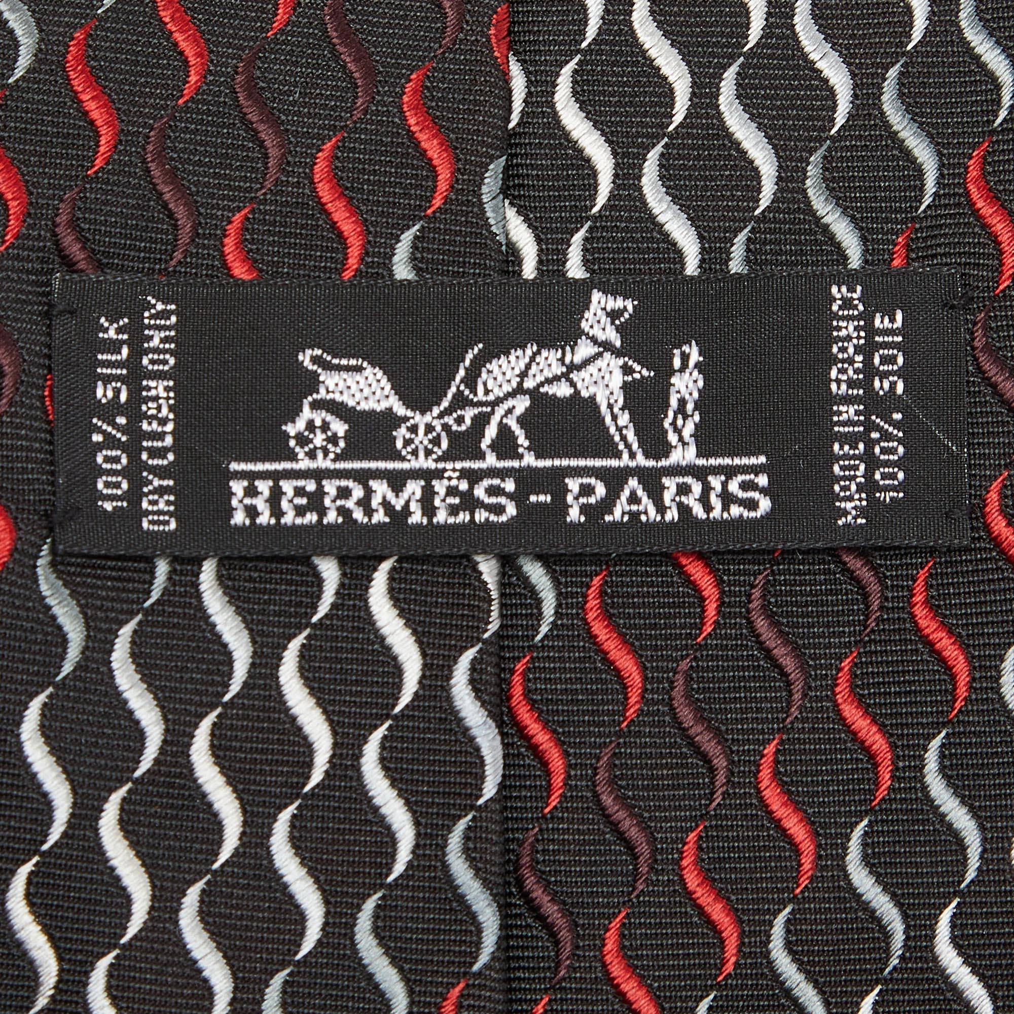 Hermès Black Wave Pattern Silk Classic Tie