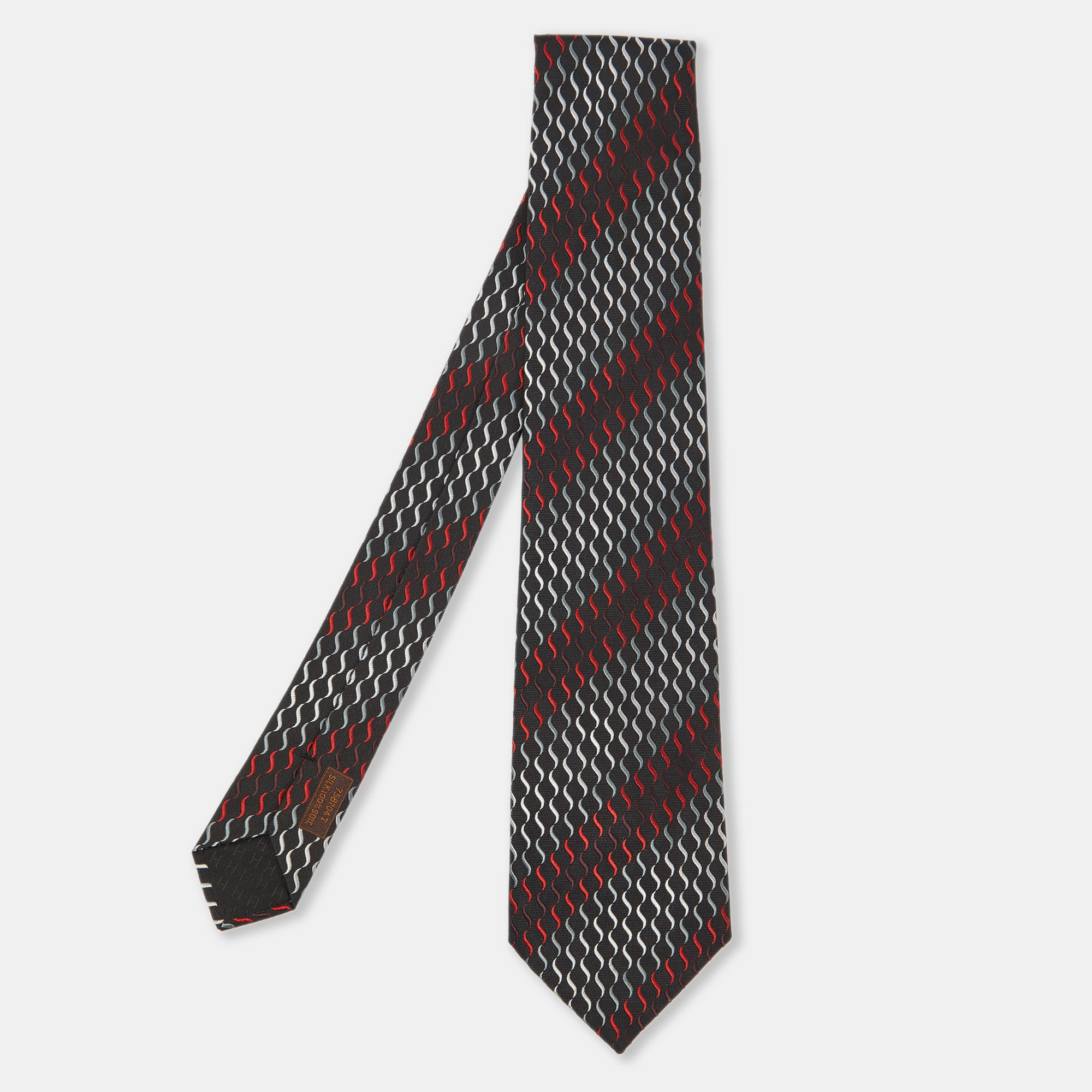 Hermes herm&egrave;s black wave pattern silk classic tie