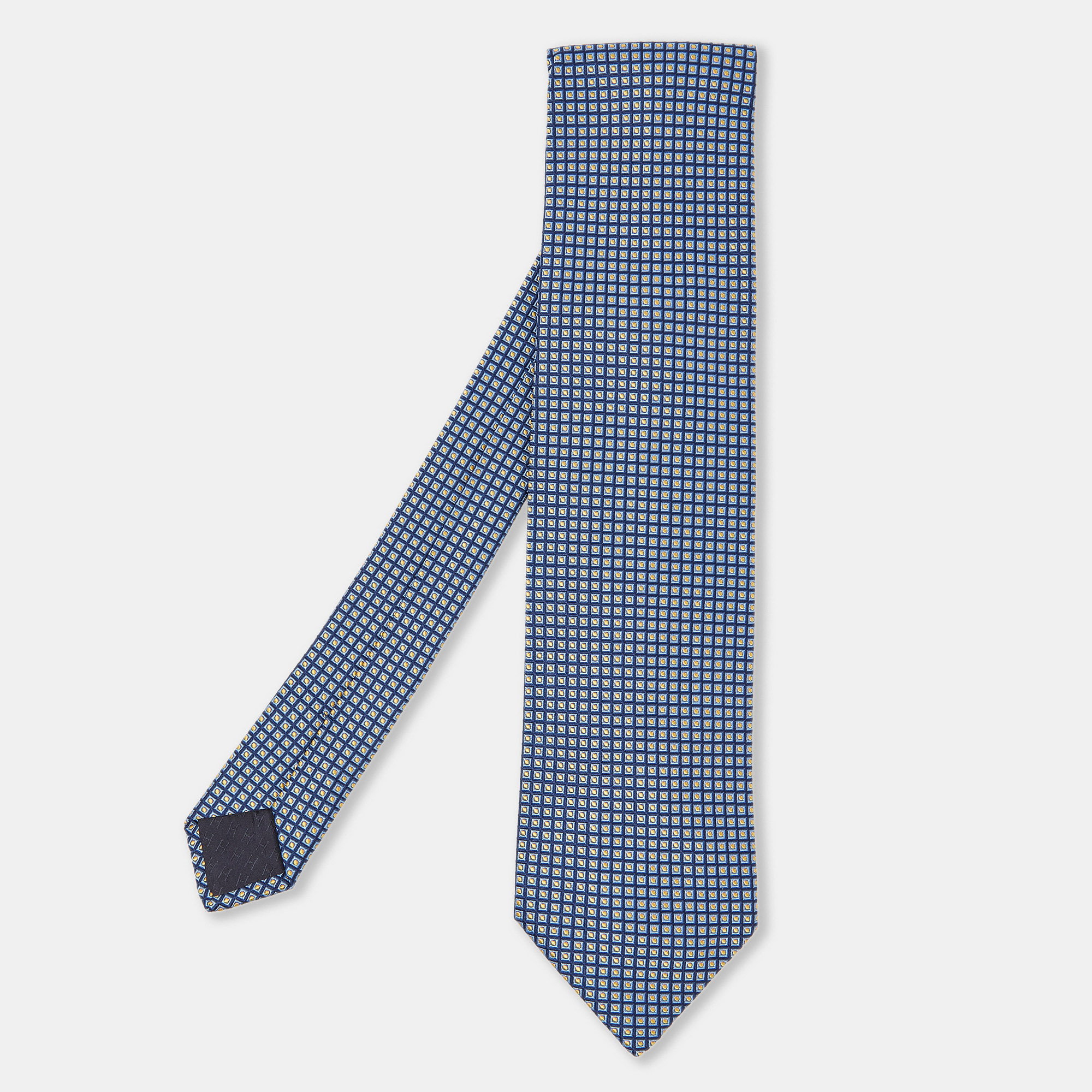 Hermes herm&egrave;s dark blue dotted check pattern silk traditional tie