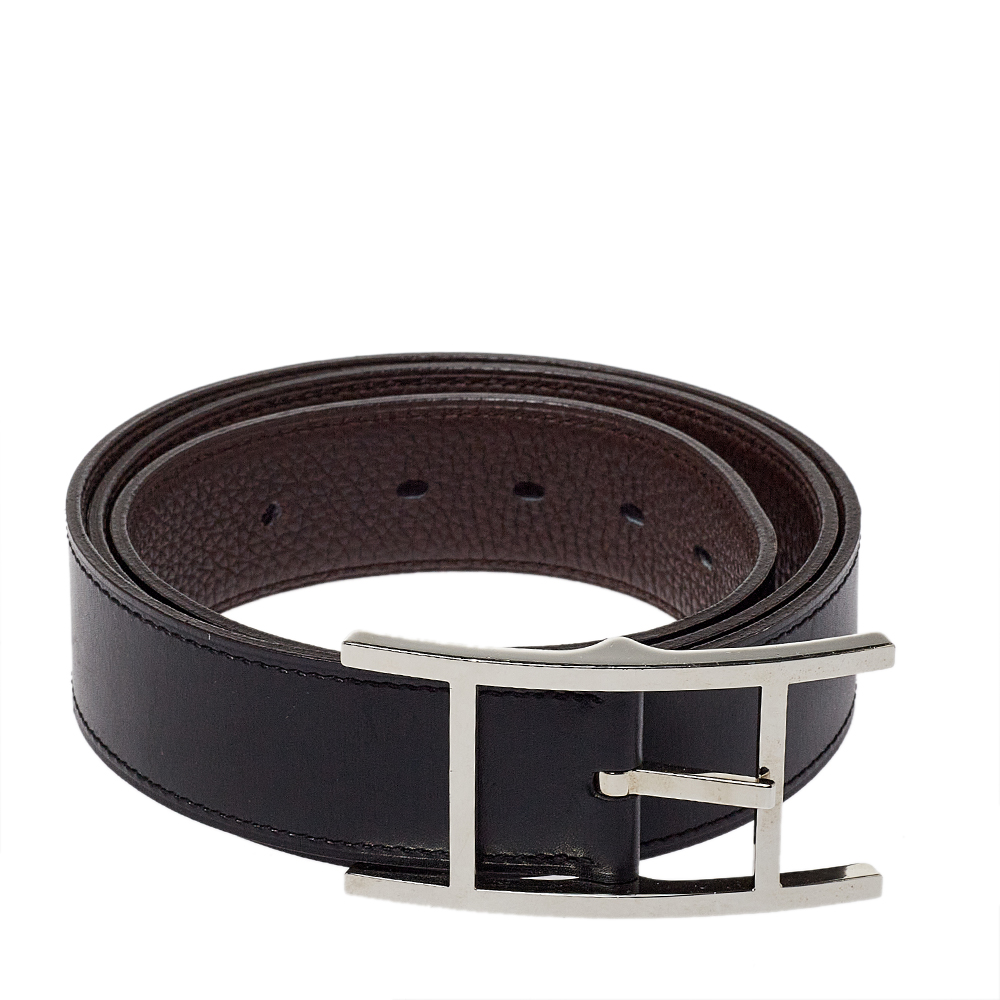 

Hermes Noir/Chocolat Box and Togo Leather Quentin Reversible Belt, Black