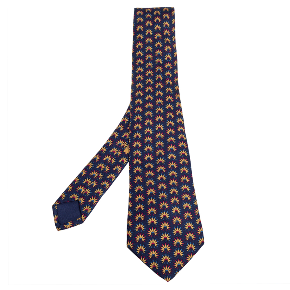 Hermes Navy Blue Indian Feather Headdress Print Silk Tie