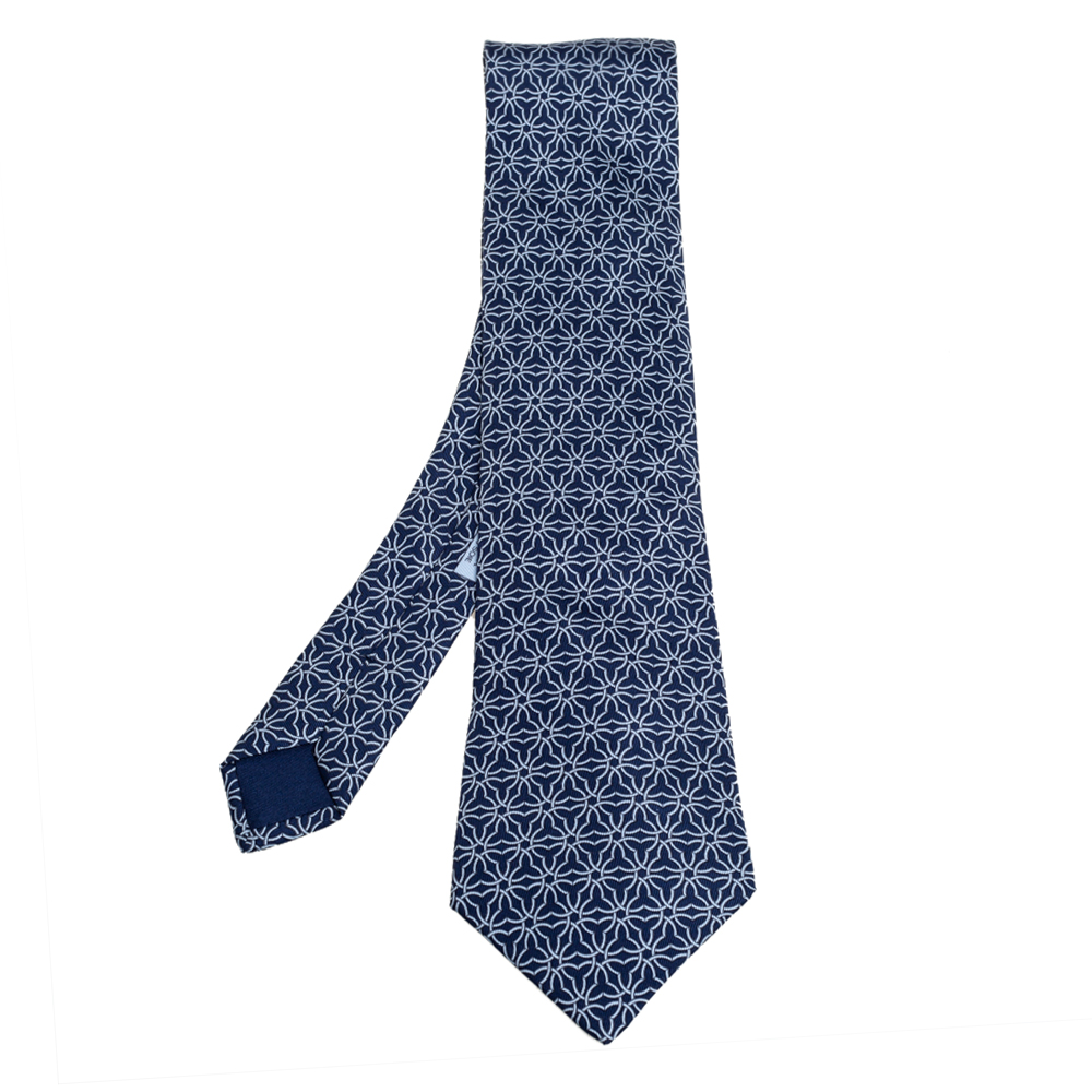 Hermes Navy Blue Geometric Print Silk Tie
