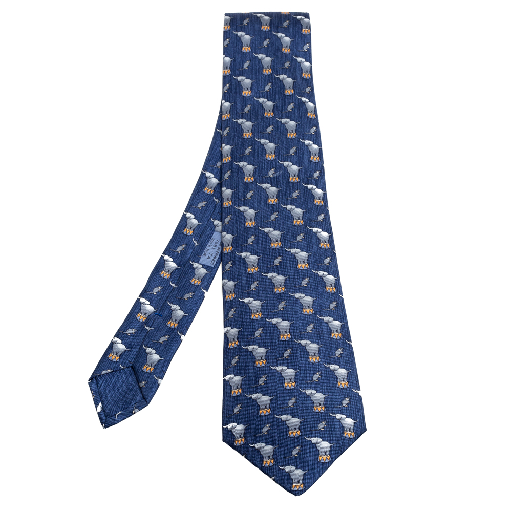 Hermès Navy Blue Elephant & Mouse Print Silk Tie