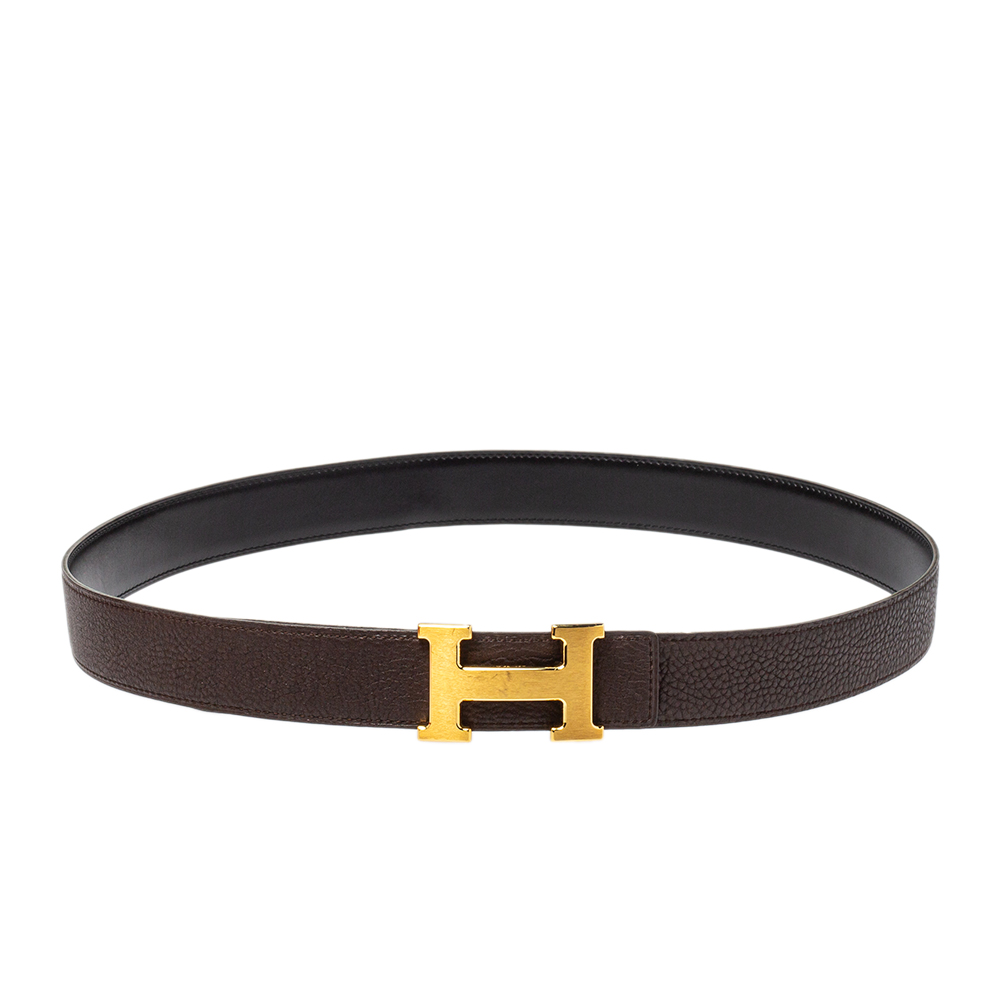 Hermes Black/Chocolate Chamonix and Togo Leather Constance Reversible Belt 100 CM