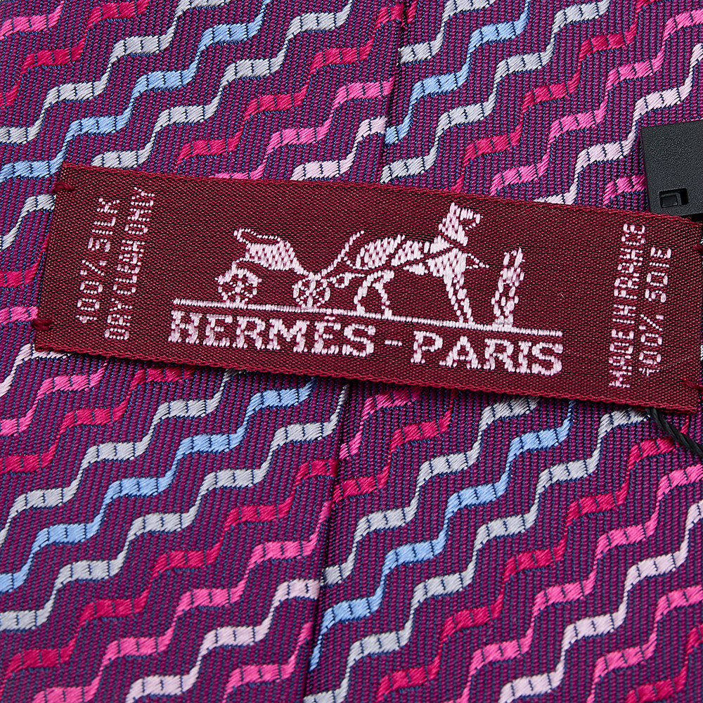 Hermes Purple Wave Pattern Silk Jacquard Tie