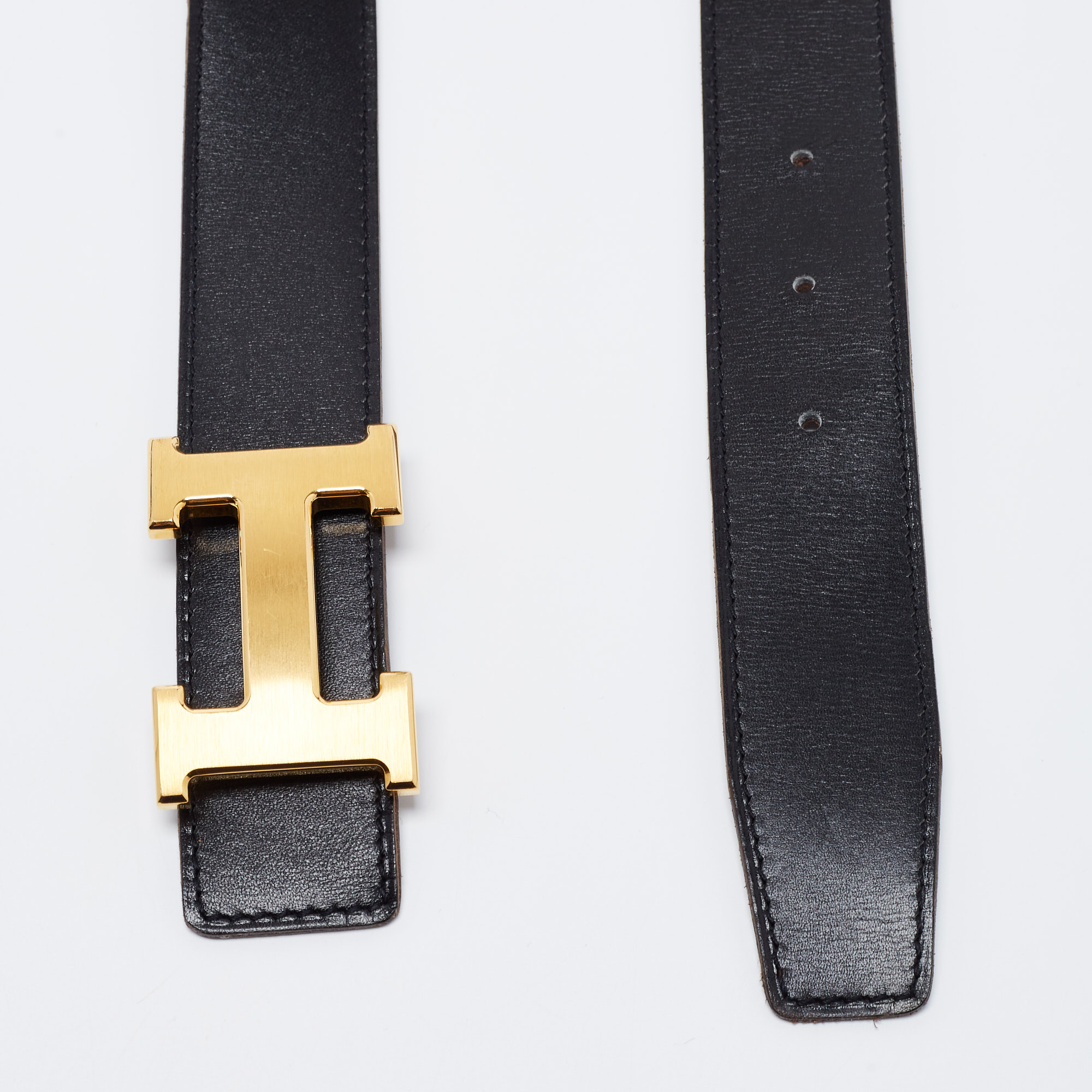 

Hermes Noir/Chocolat Box and Togo Leather H Buckle Reversible Belt, Black