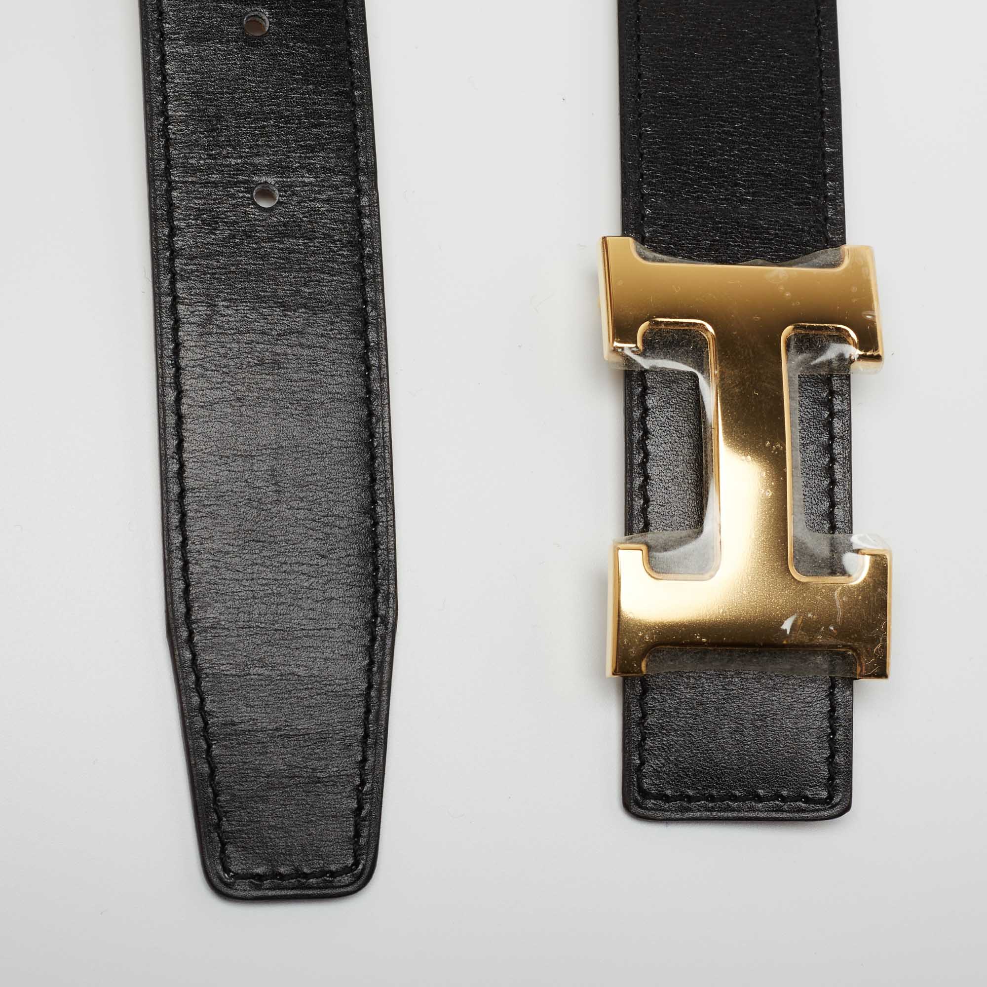 

Hermes Noir/Gold Chamonix and Togo Leather H Buckle Reversible Belt, Black