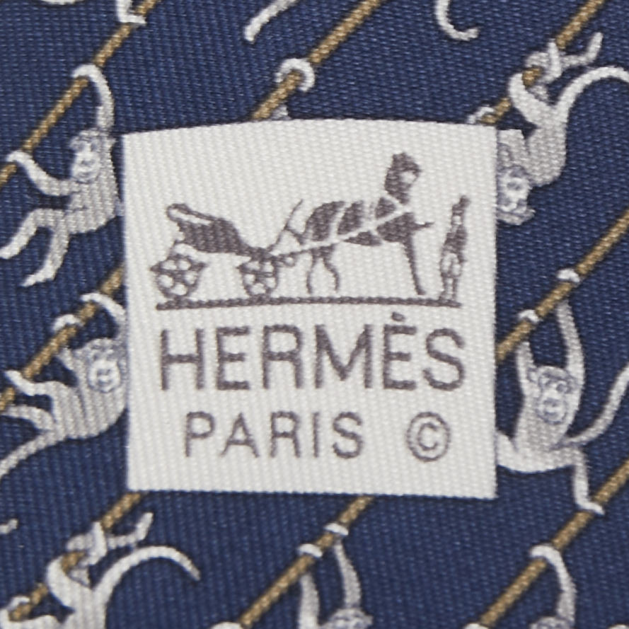 Hermes Navy Blue Monkey Print Silk Tie