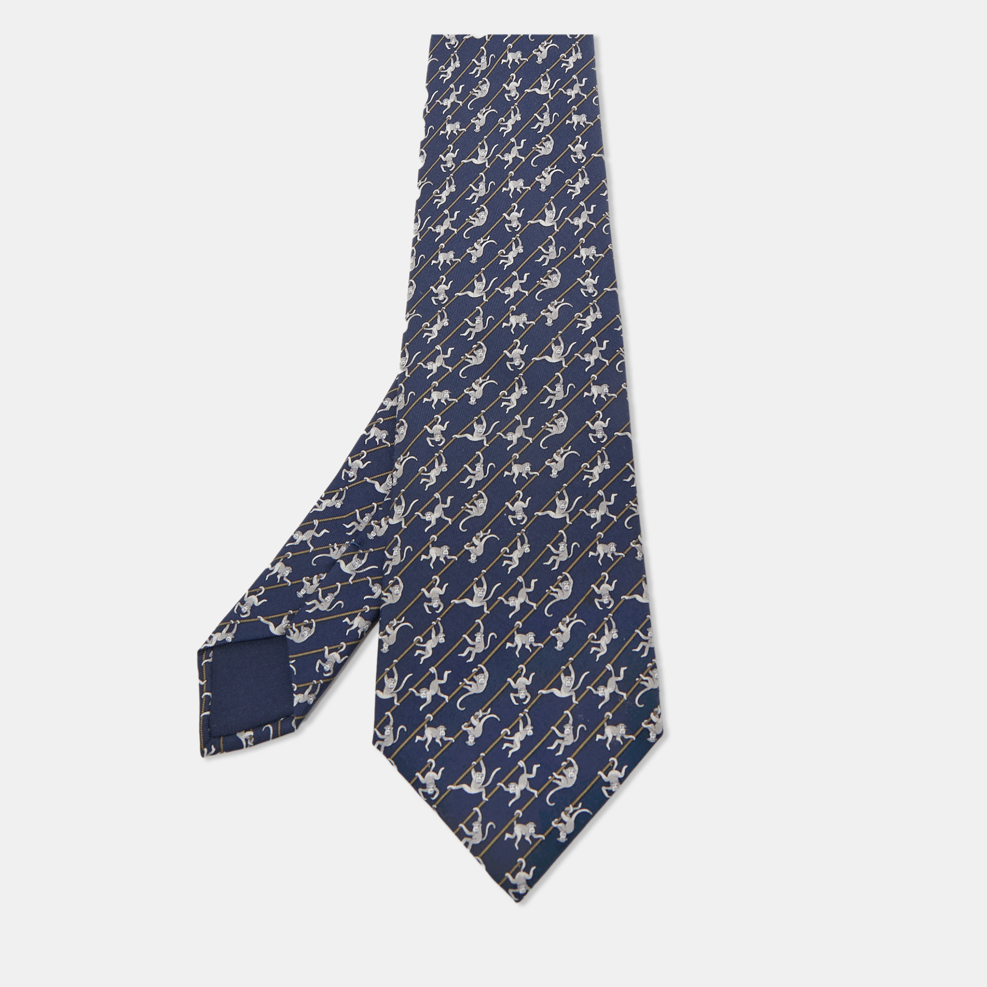 Hermes Navy Blue Monkey Print Silk Tie