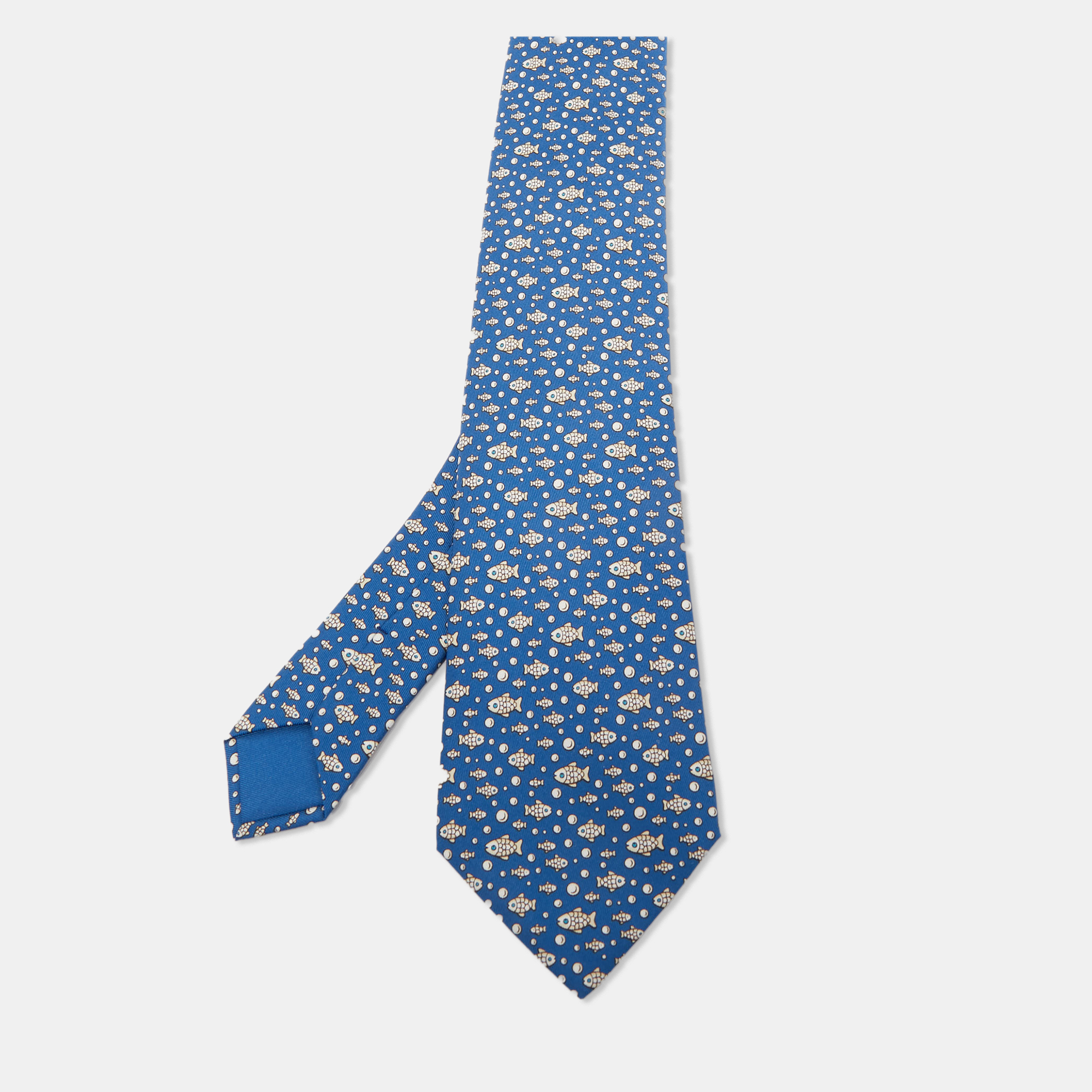 Hermes Blue Fish Print Silk Tie