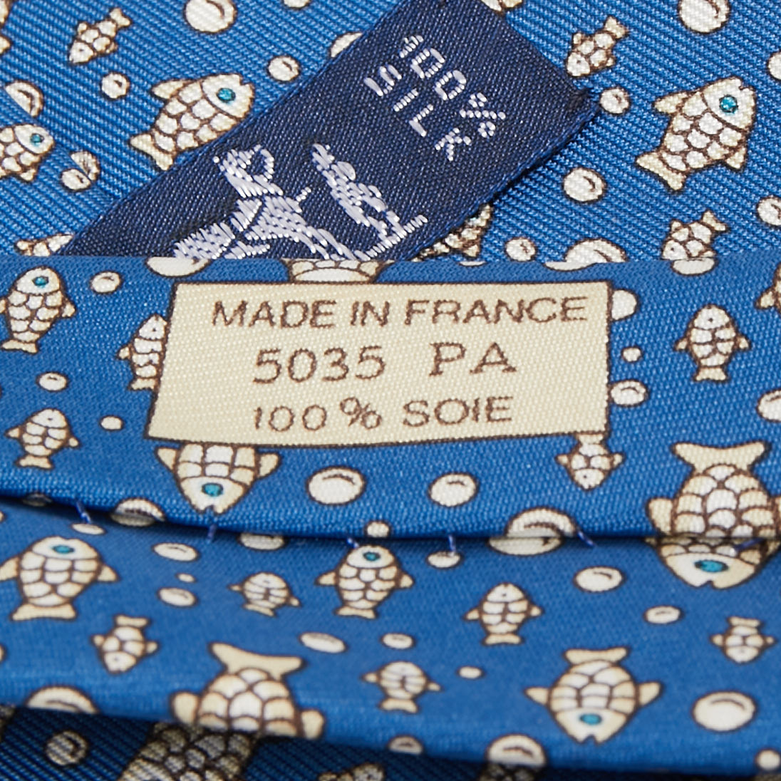 Hermes Blue Fish Print Silk Tie