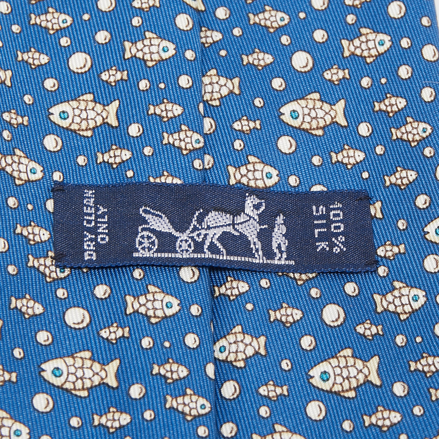 Hermes Blue Fish Print Silk Tie