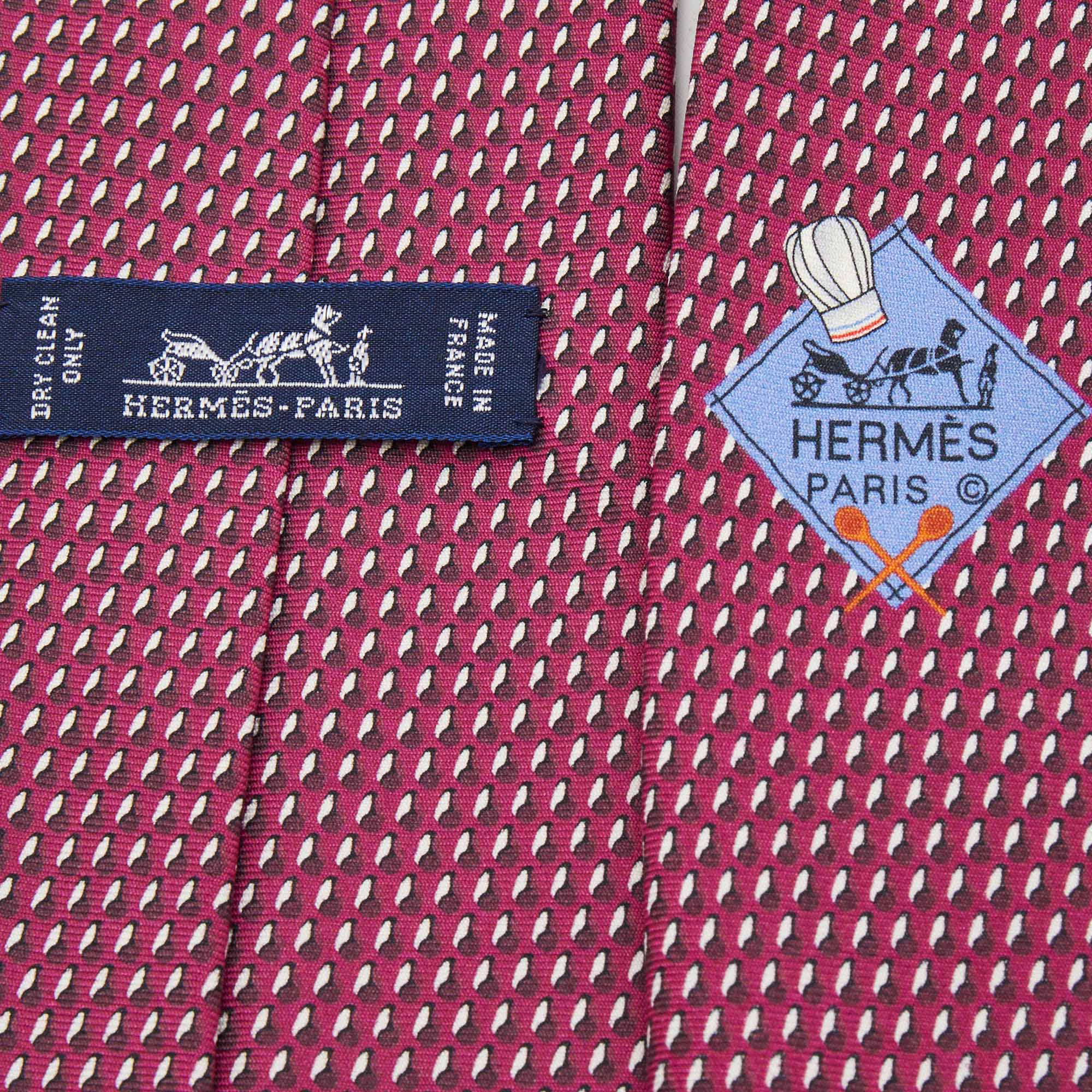 Hermes Magenta Purple Printed Silk Tie