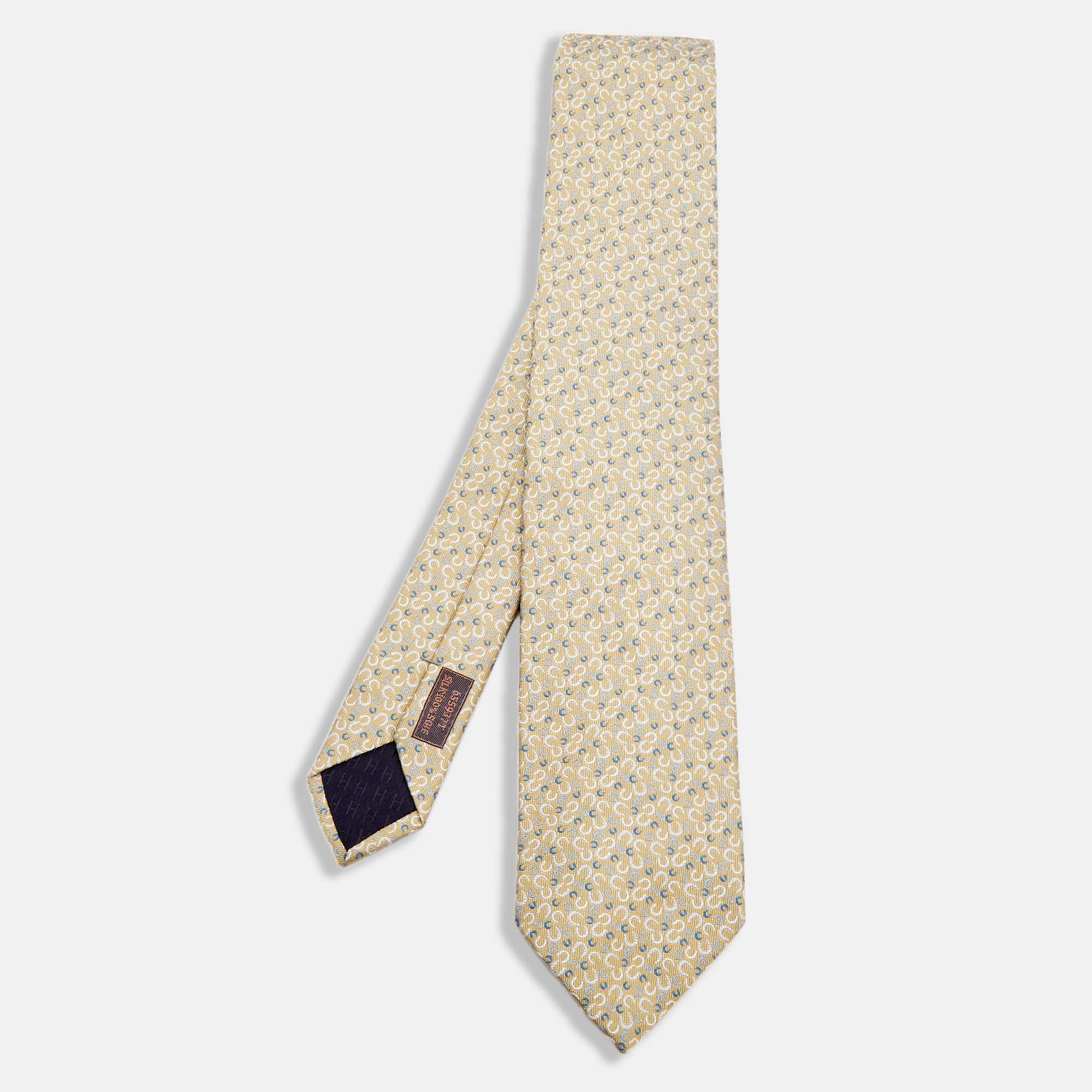 Hermes Light Yellow Patterned Silk Tie