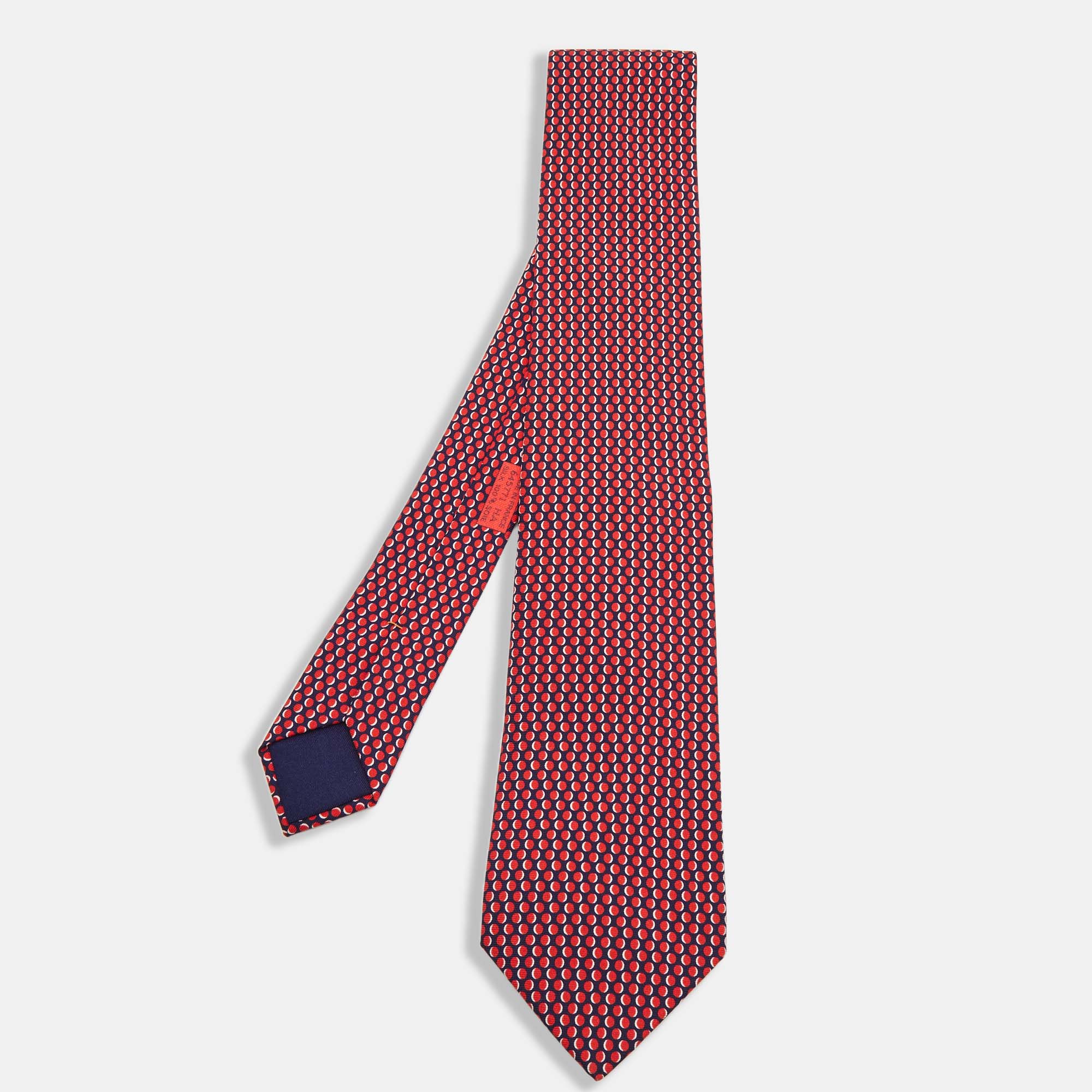 Hermes Red/Navy Blue Dotted Silk Tie