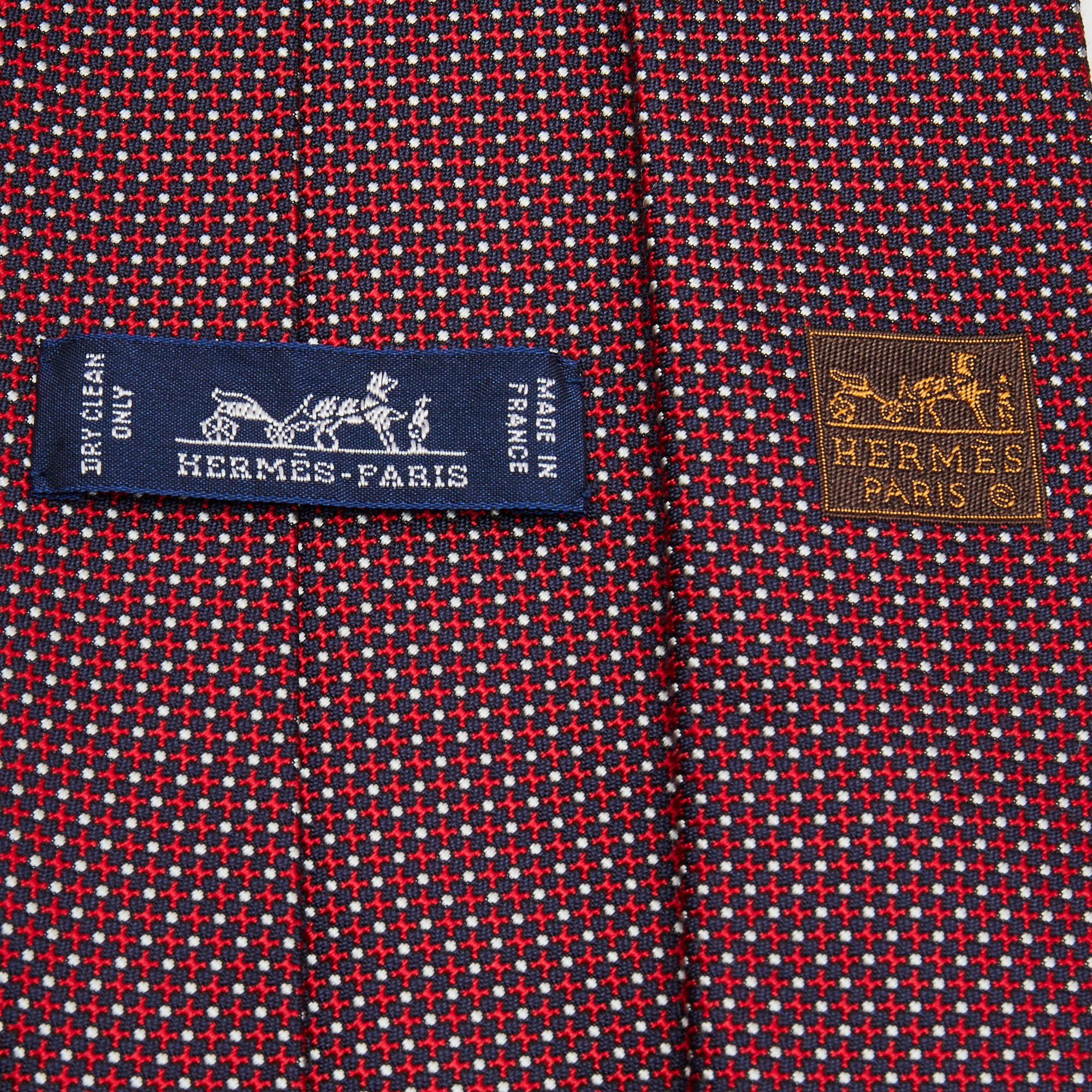 Hermes Red/Navy Blue Patterned Silk Tie