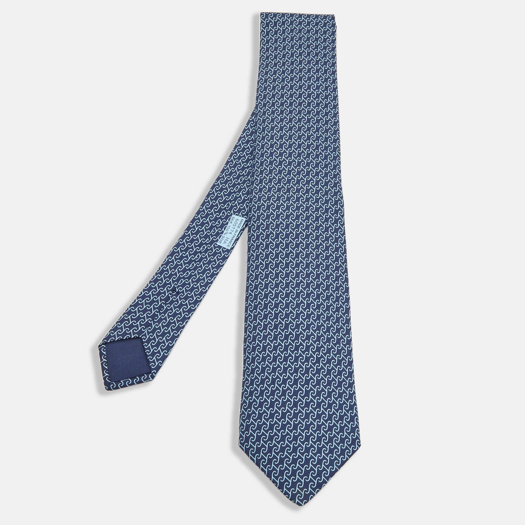 Hermes Dark Blue Twill Printed Silk Heraklion Tie