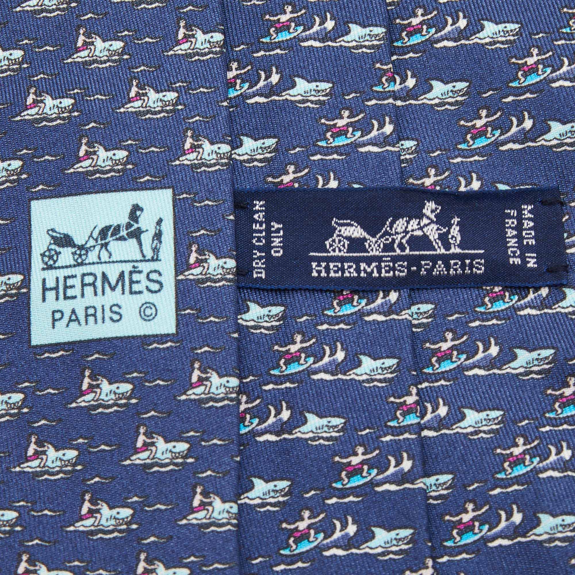 Hermes Blue Surf Print Silk Tie
