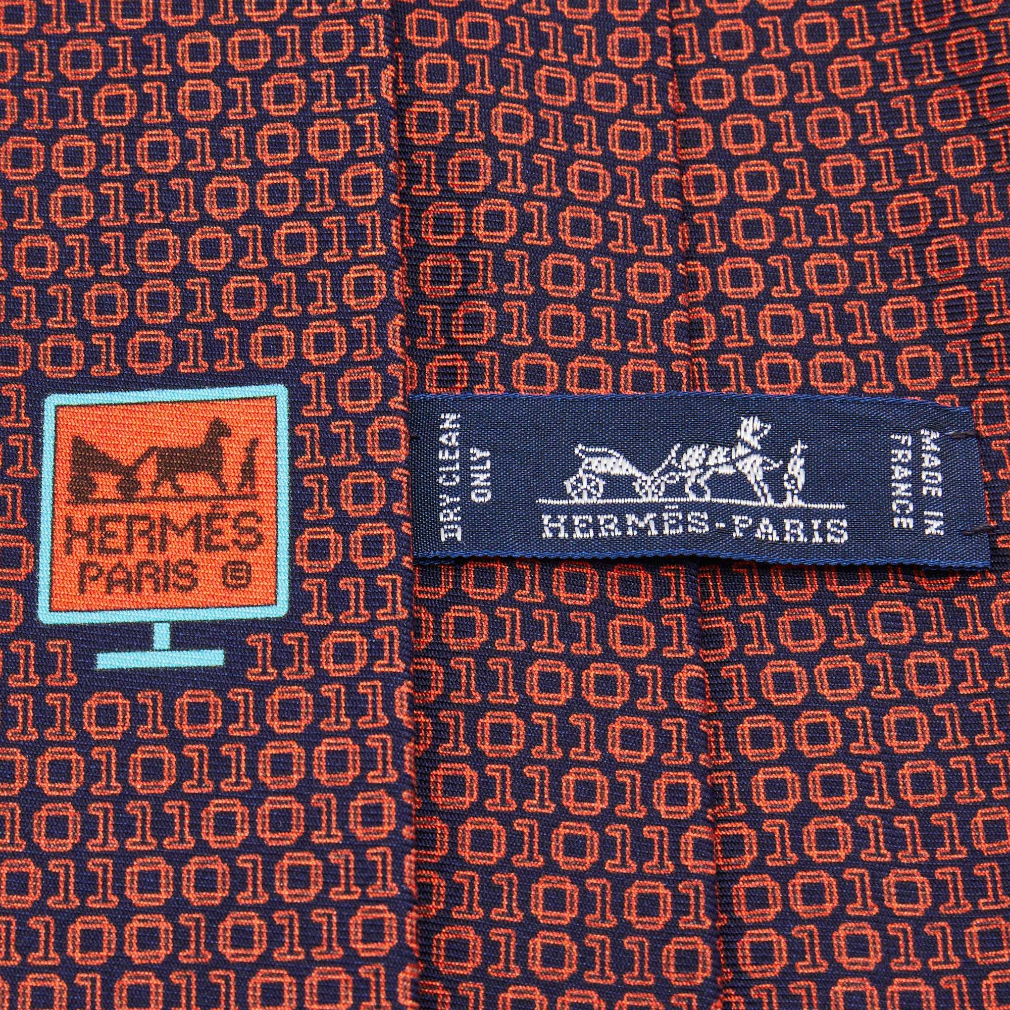 Hermes Navy Blue/Orange Numerical Print Silk Tie