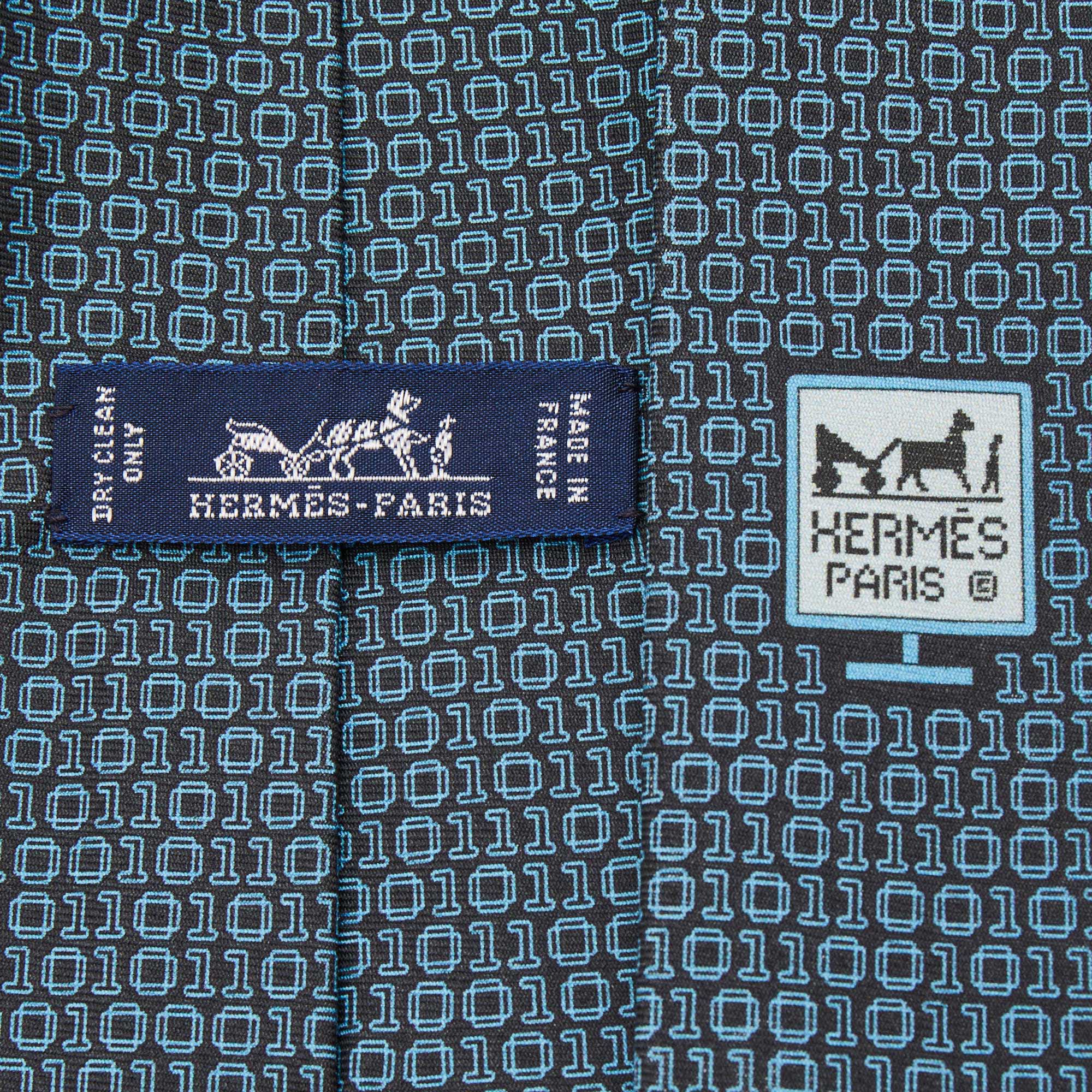 Hermes Blue/Black Numerical Print Silk Tie