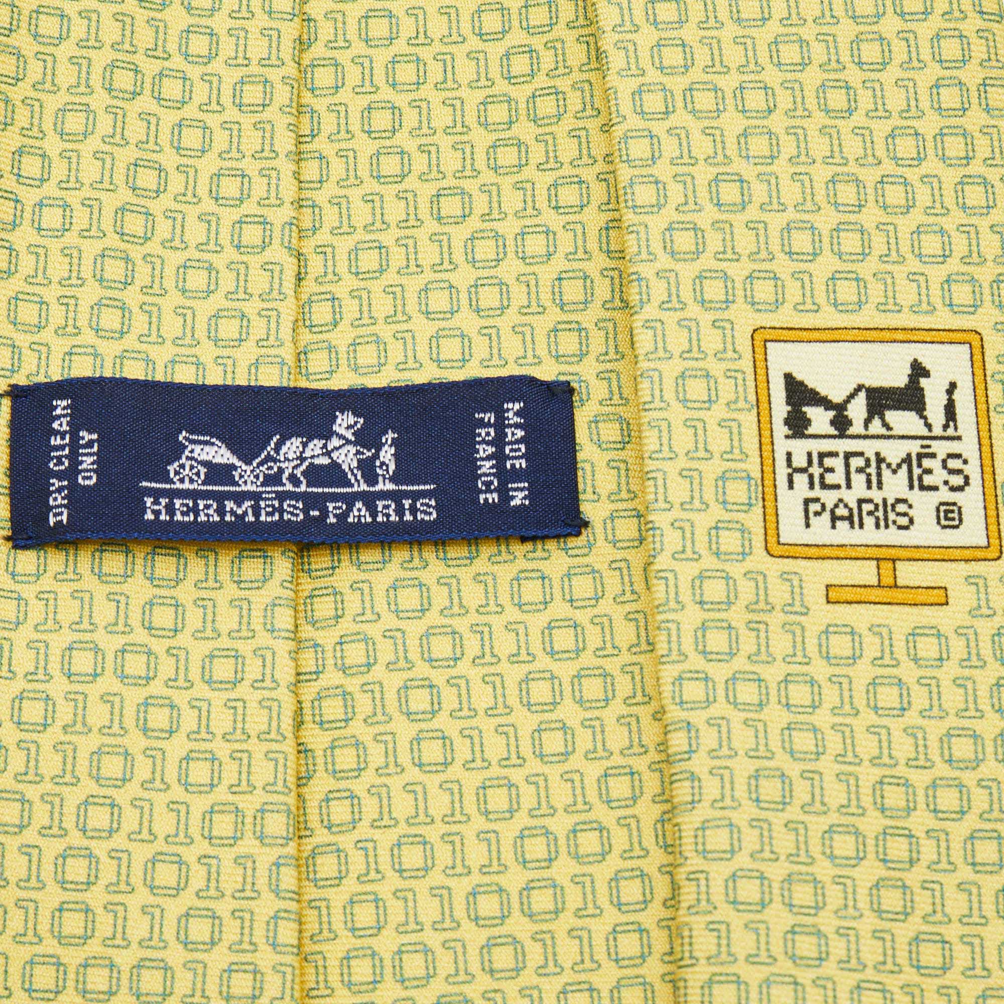 Hermes Yellow Numerical Print Silk Tie