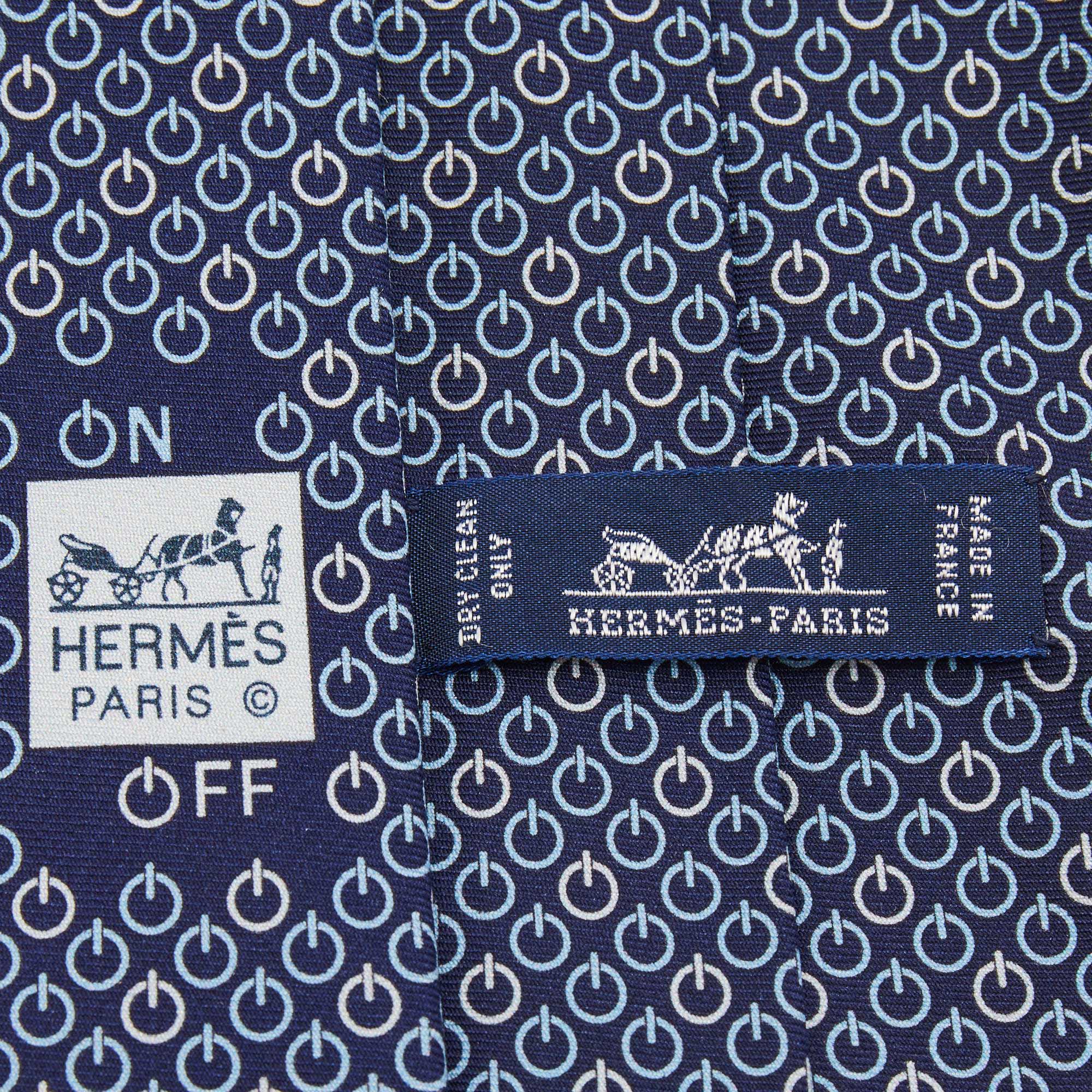 Hermes Navy Blue Printed Silk Tie