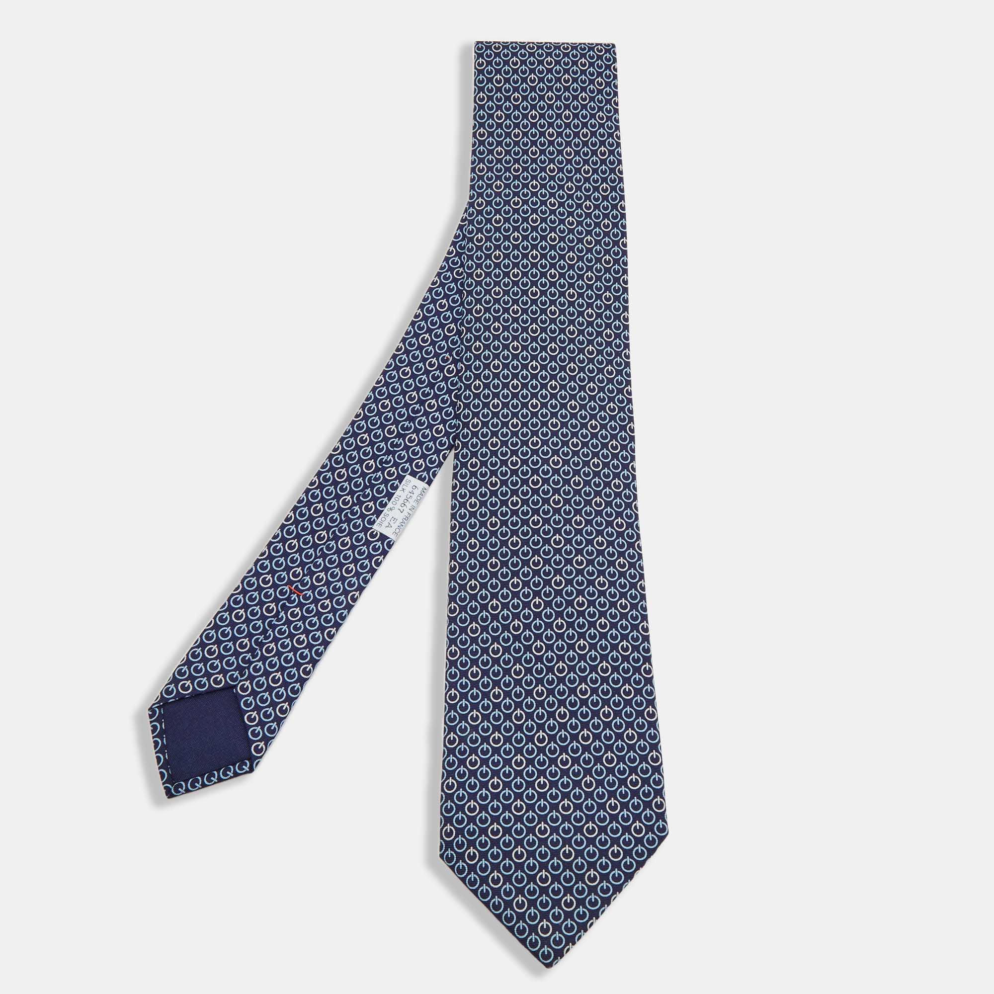 Hermes Navy Blue Printed Silk Tie