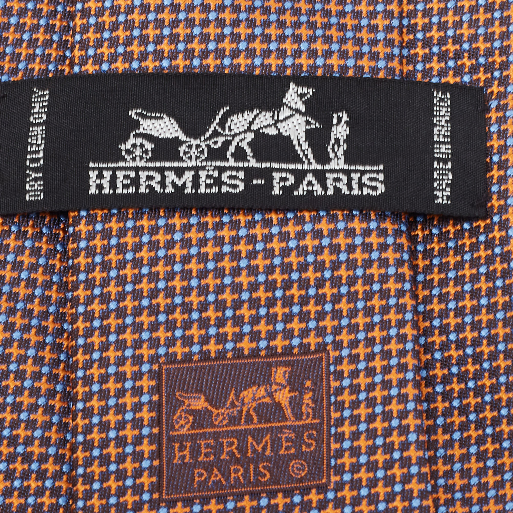 Hermes Orange/Brown Patterned Silk Tie