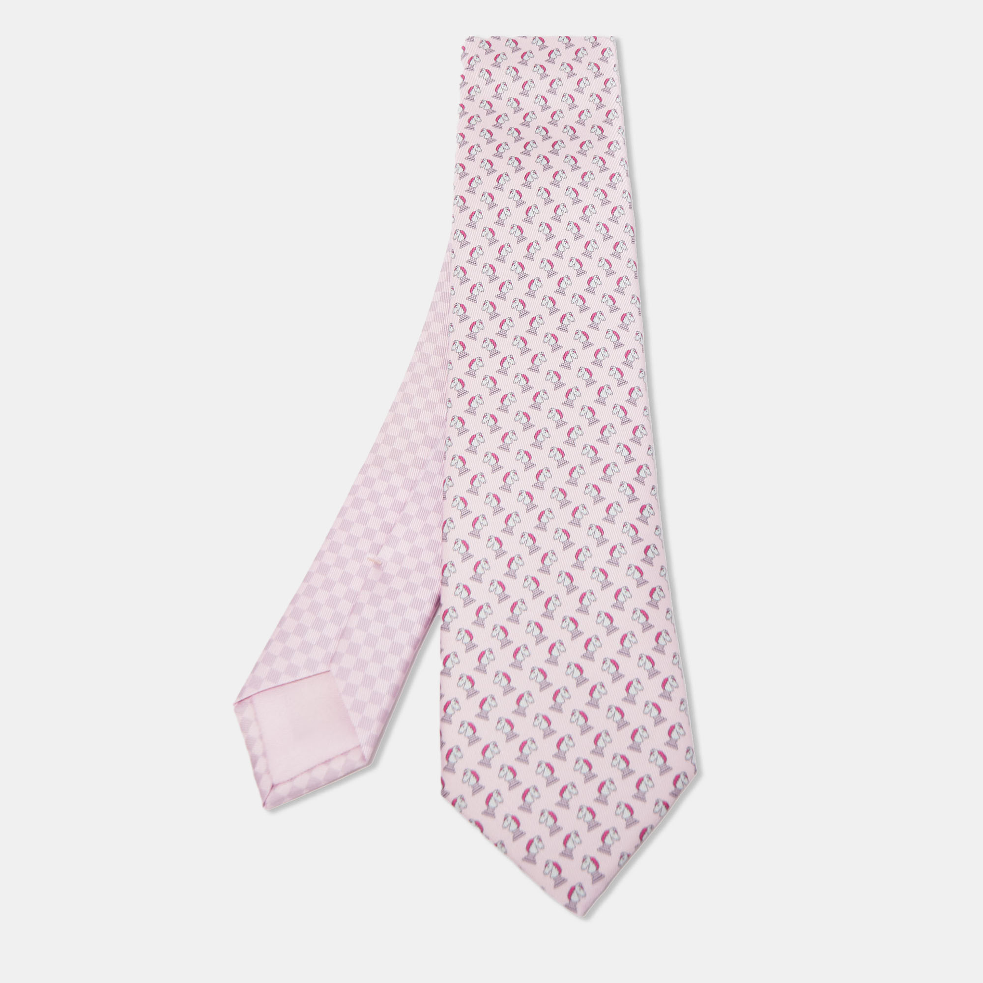 Hermès Pink Echec Et Mat Printed Silk Slim Tie