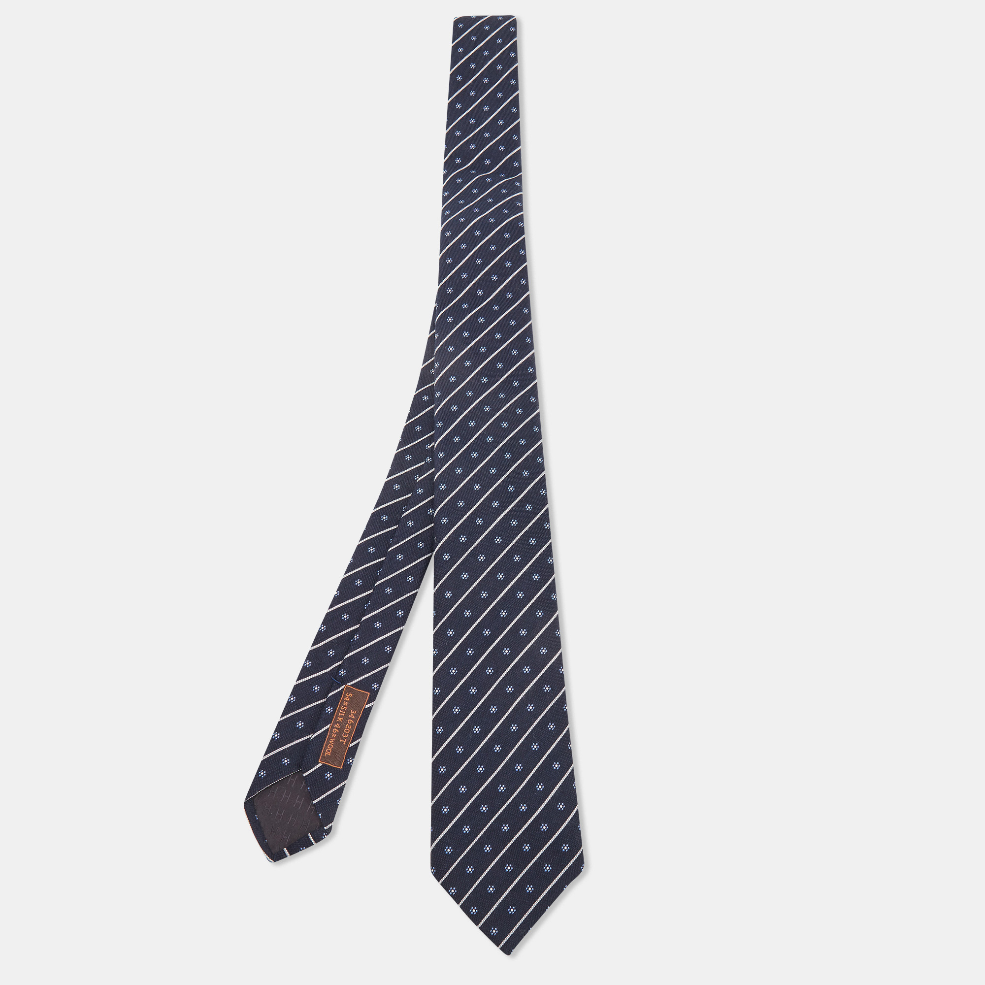 Hermès Navy Blue Fleurs En Club Silk & Wool Jacquard Slim Tie