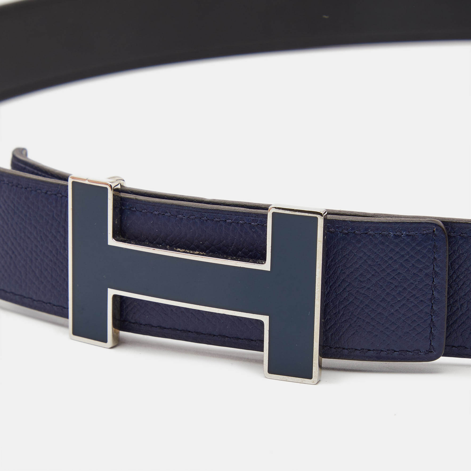 Hermes Bleu Saphir/Noir Epsom And Swift Leather Quizz H Reversible Belt 95 CM