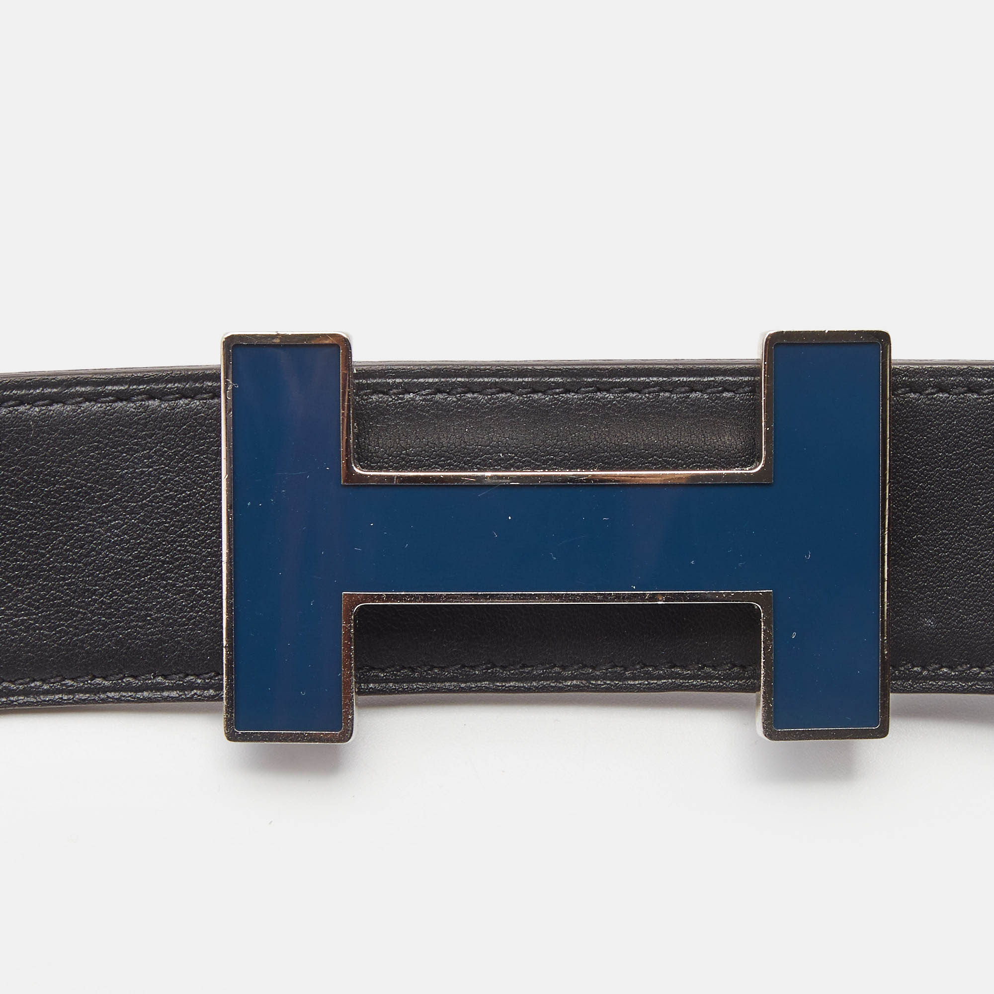 Hermes Bleu Saphir/Noir Epsom And Swift Leather Quizz H Reversible Belt 95 CM