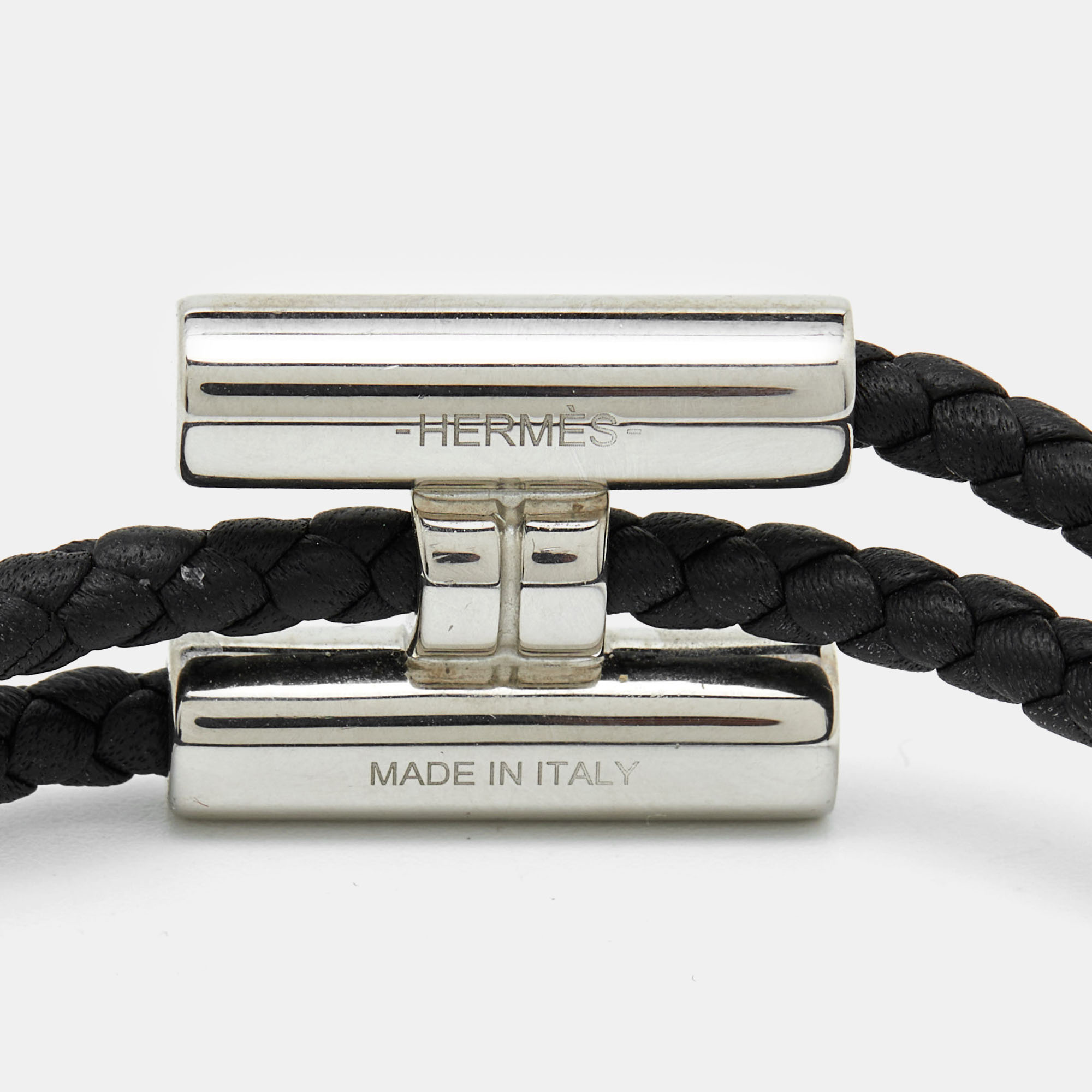 Hermes Turnis Braid Leather Black Silver Tone Bracelet
