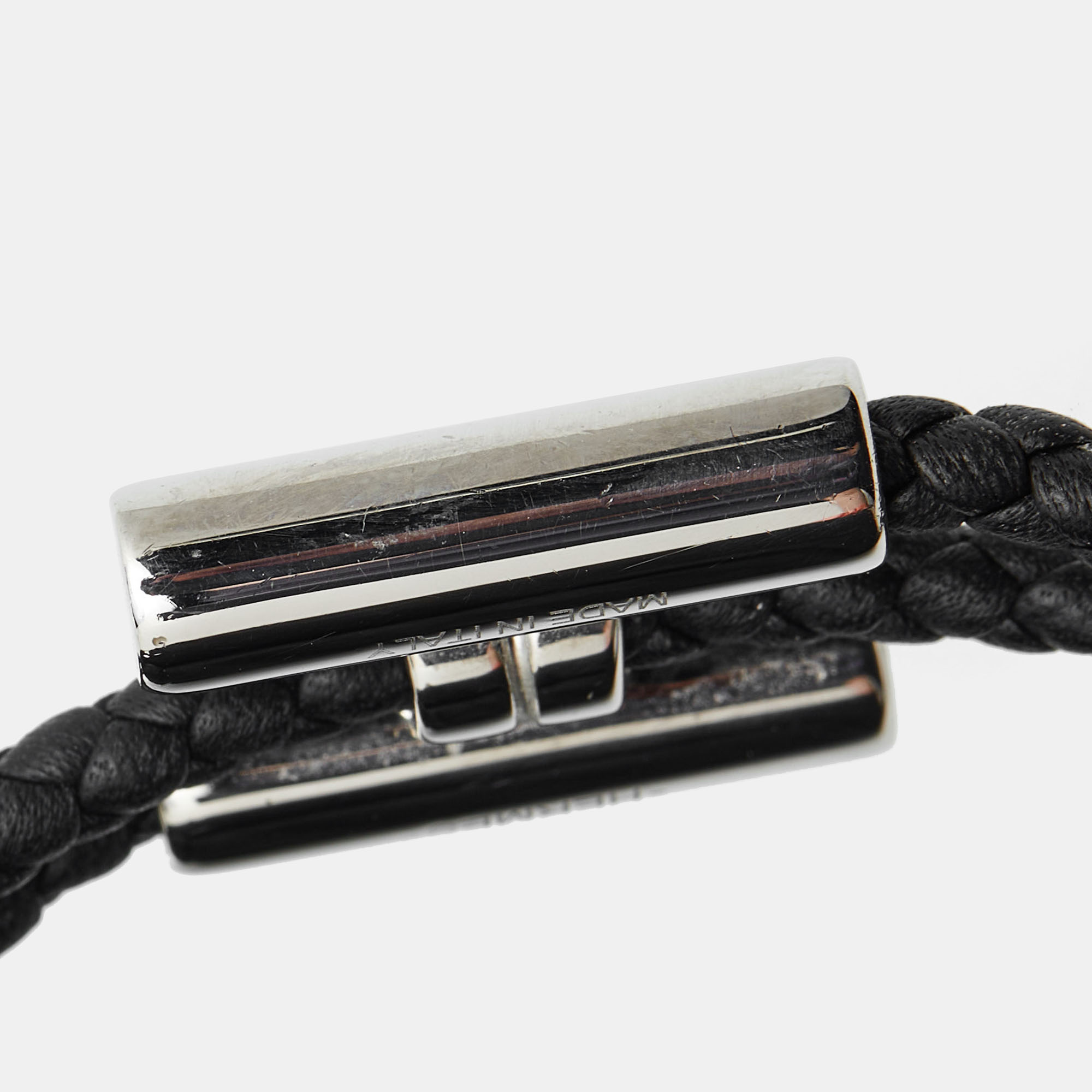 Hermes Turnis Braid Leather Black Silver Tone Bracelet