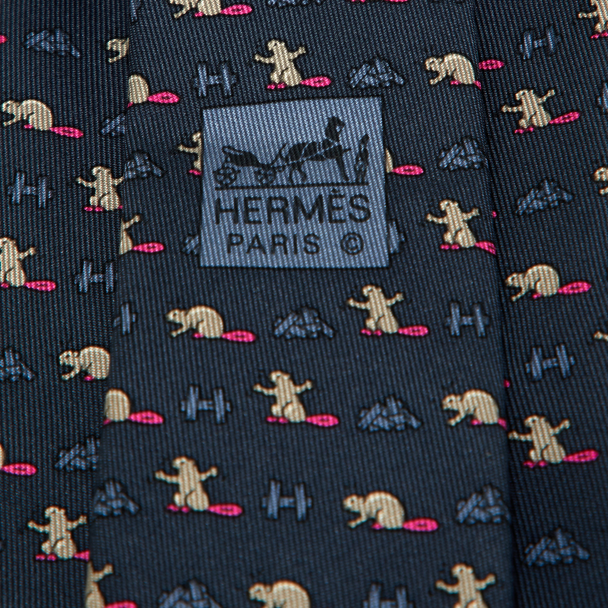 Hermès Blue Beaver Castor Construction Print Silk Tie