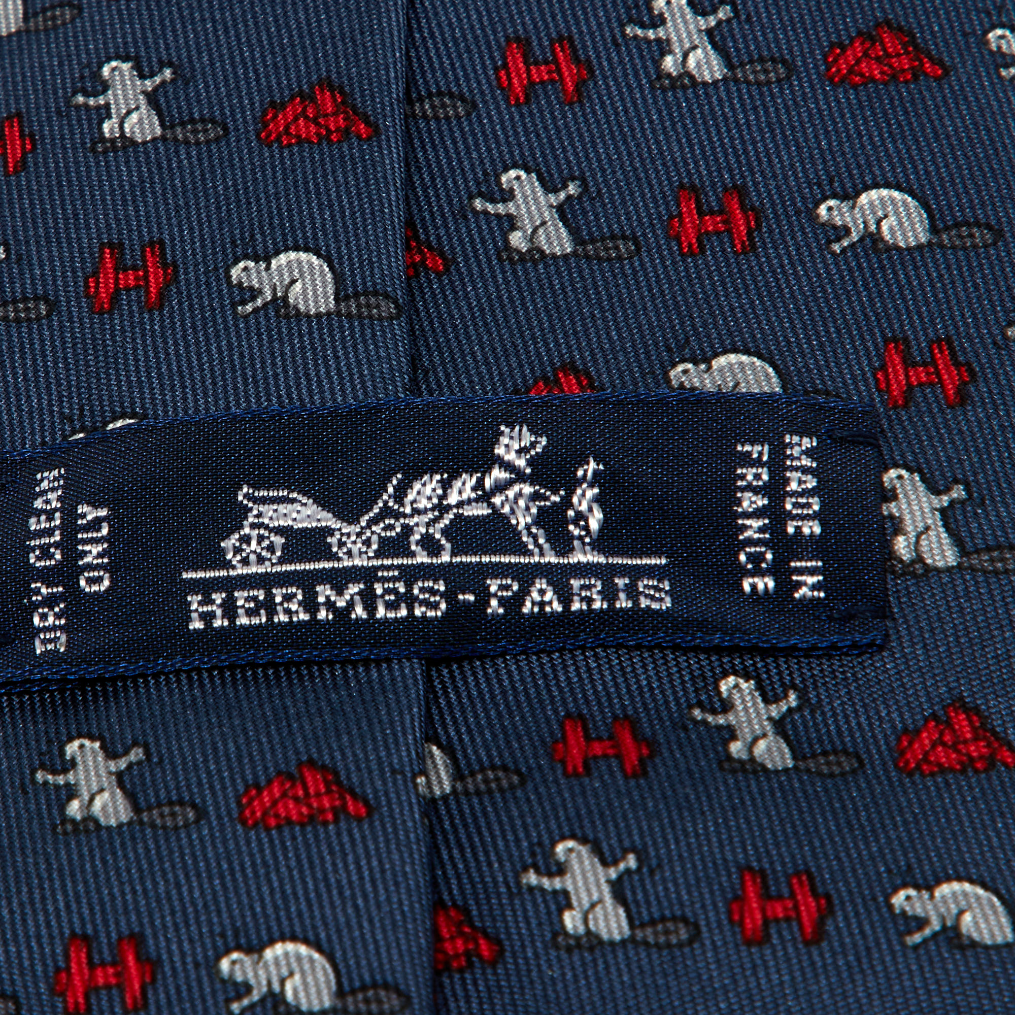 Hermès Blue Beaver Castor Construction Print Silk Tie