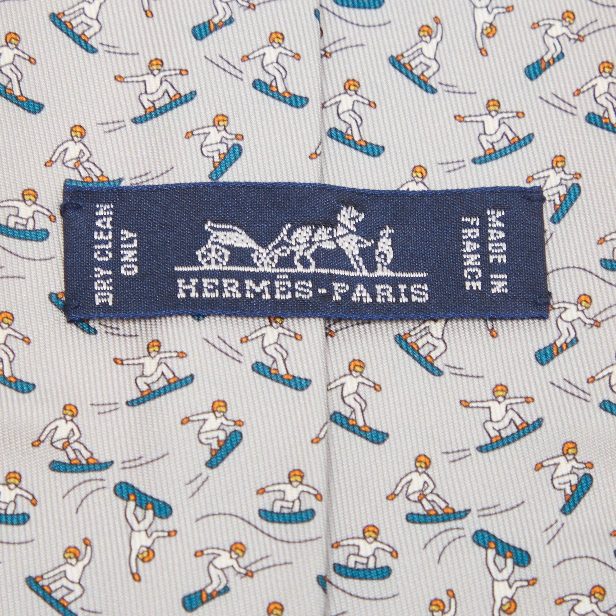 Hermes Light Grey Snow Park Print Silk Tie