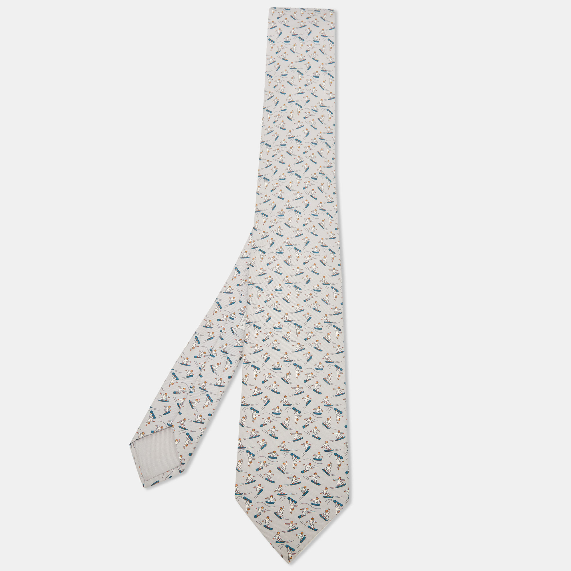 Hermes light grey snow park print silk tie