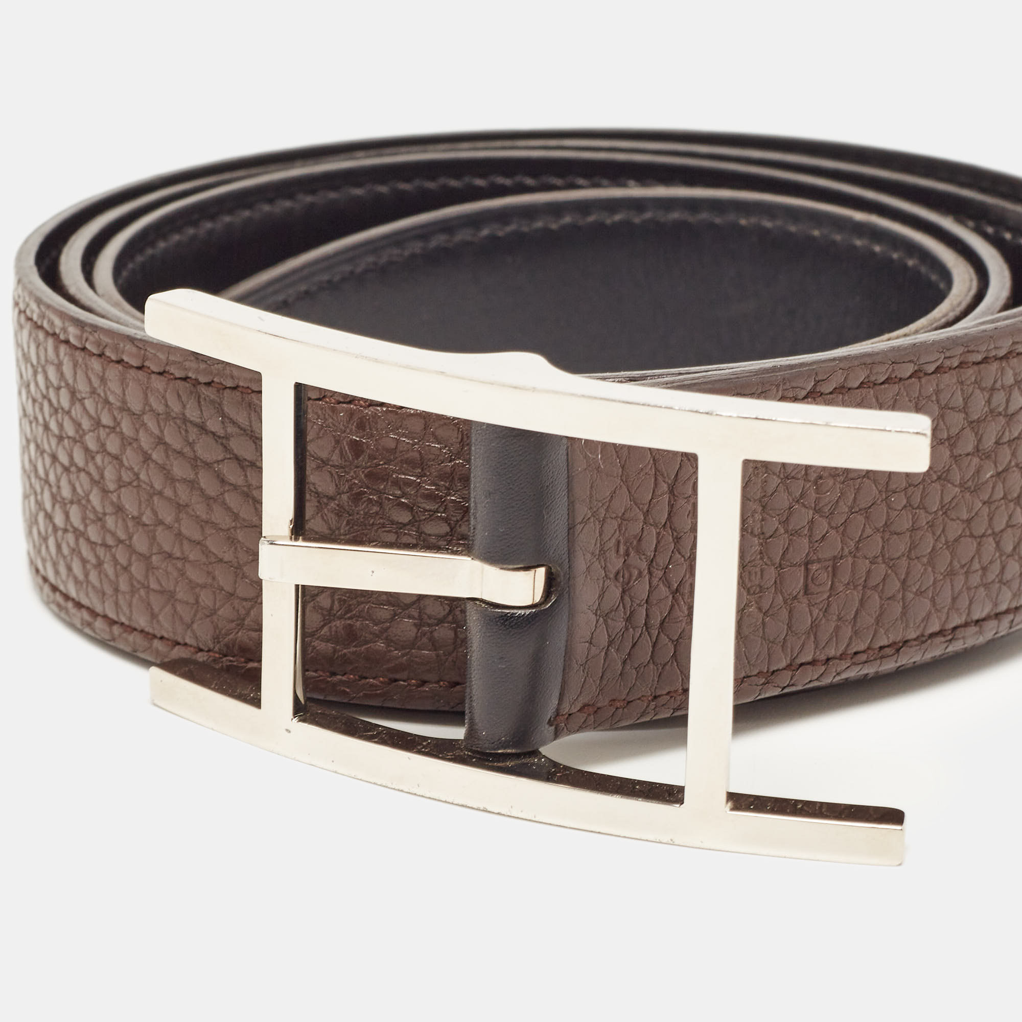 Hermes Noir/Chocolat Chamonix And Togo Leather Hapi Reversible Belt 95 CM