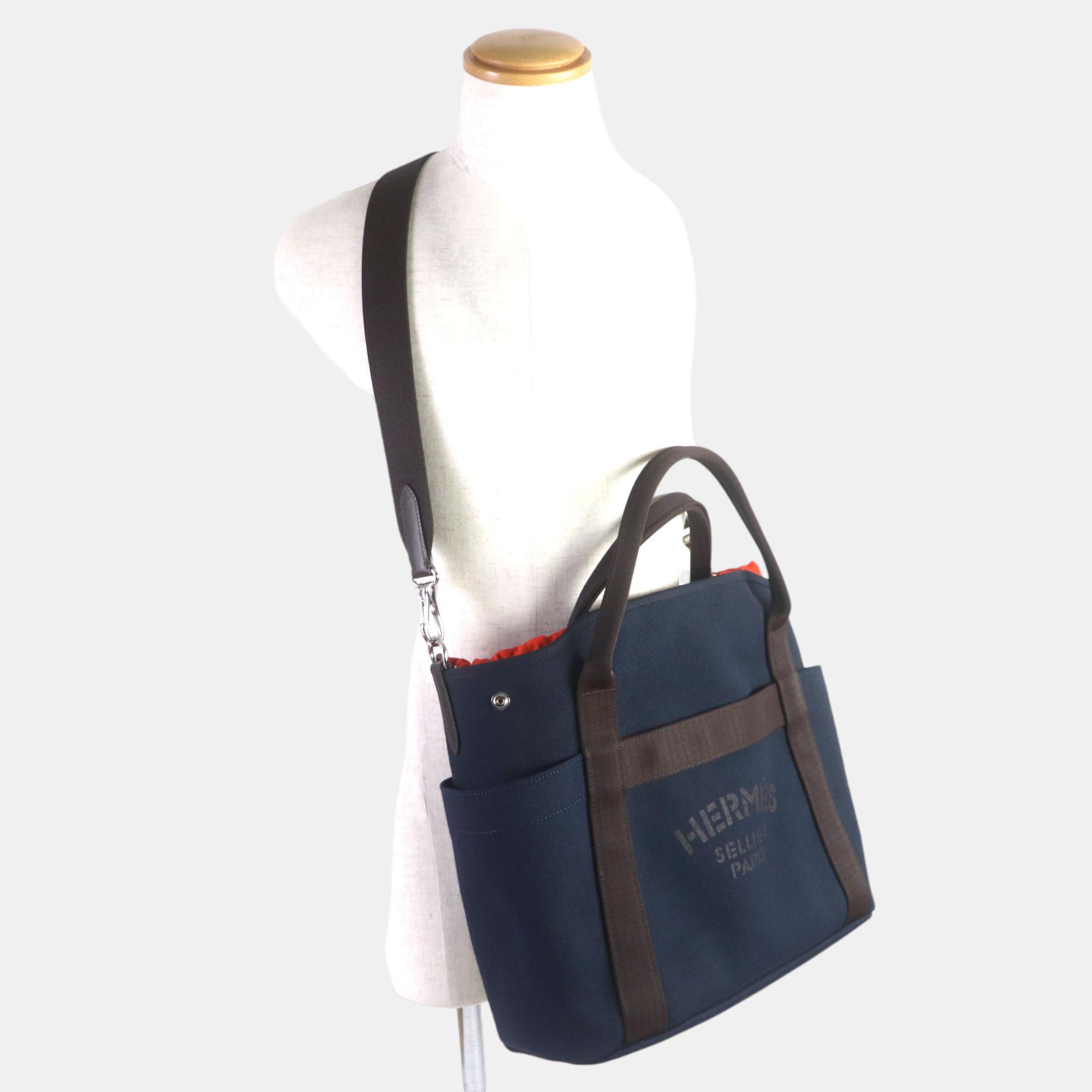 Hermes Sucked Pansage Groom 2WAY Tote Bag Blue Canvas