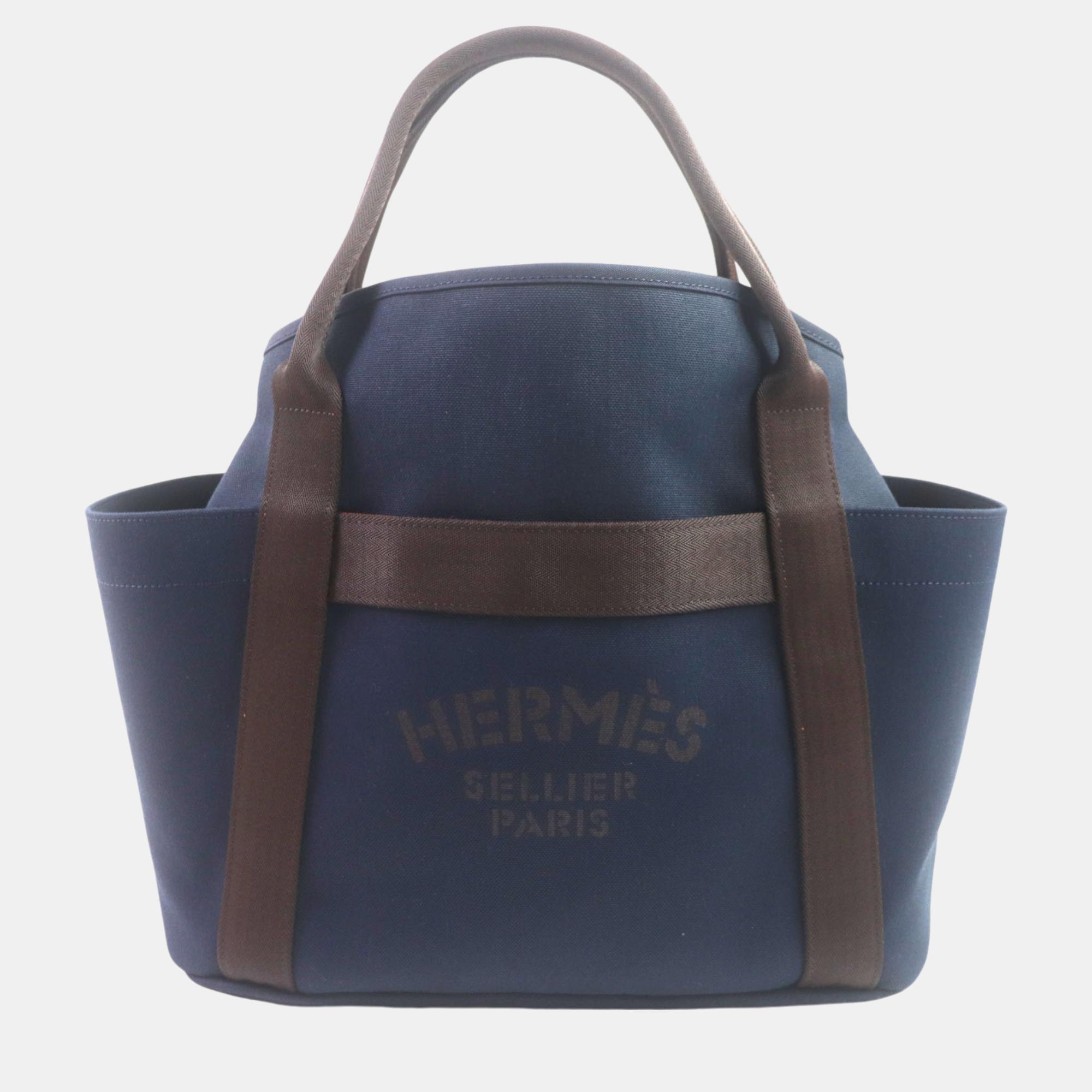 Hermes Sucked Pansage Groom 2WAY Tote Bag Blue Canvas