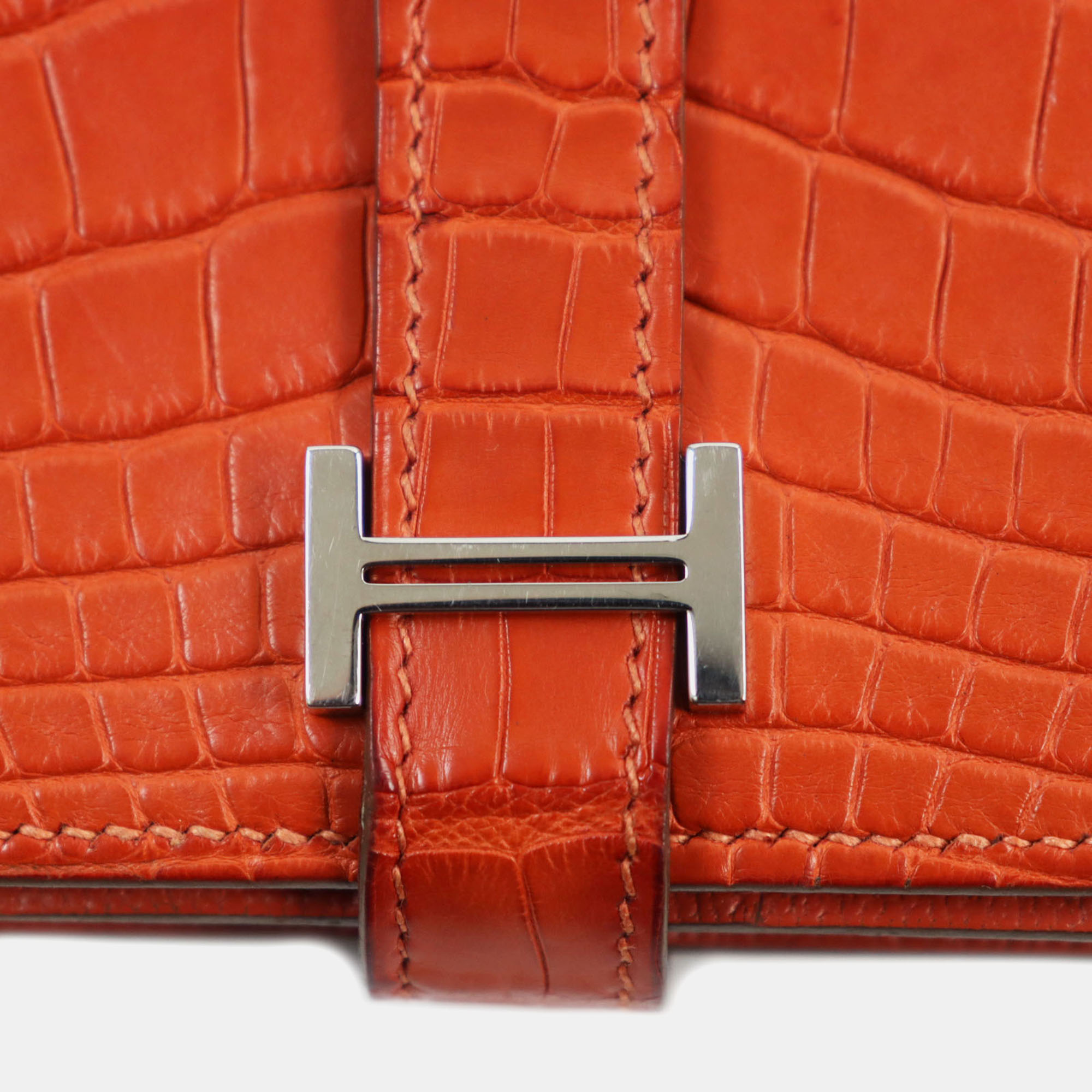 Hermes Alligator Bifold Wallet Orange Orange Leather