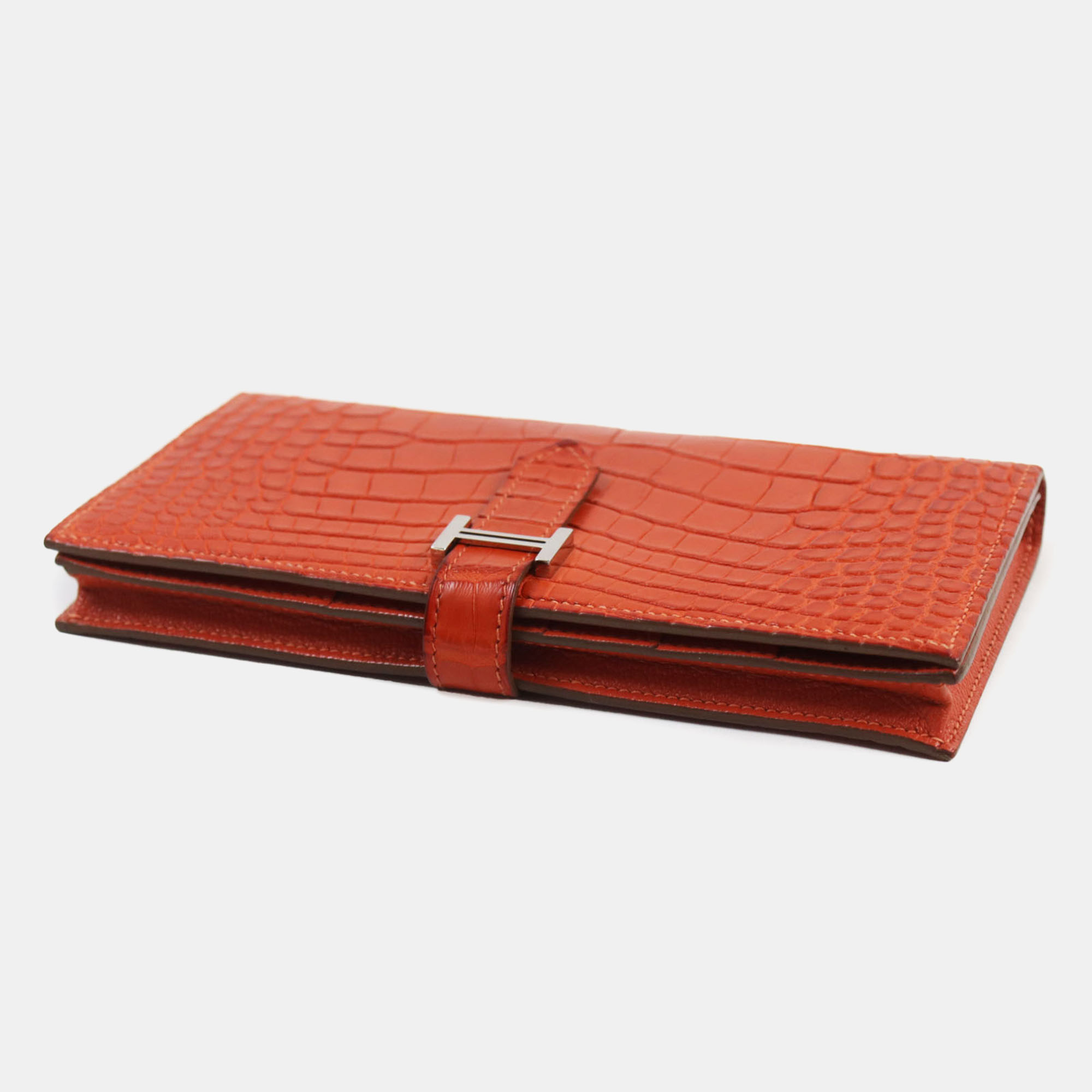 Hermes Alligator Bifold Wallet Orange Orange Leather